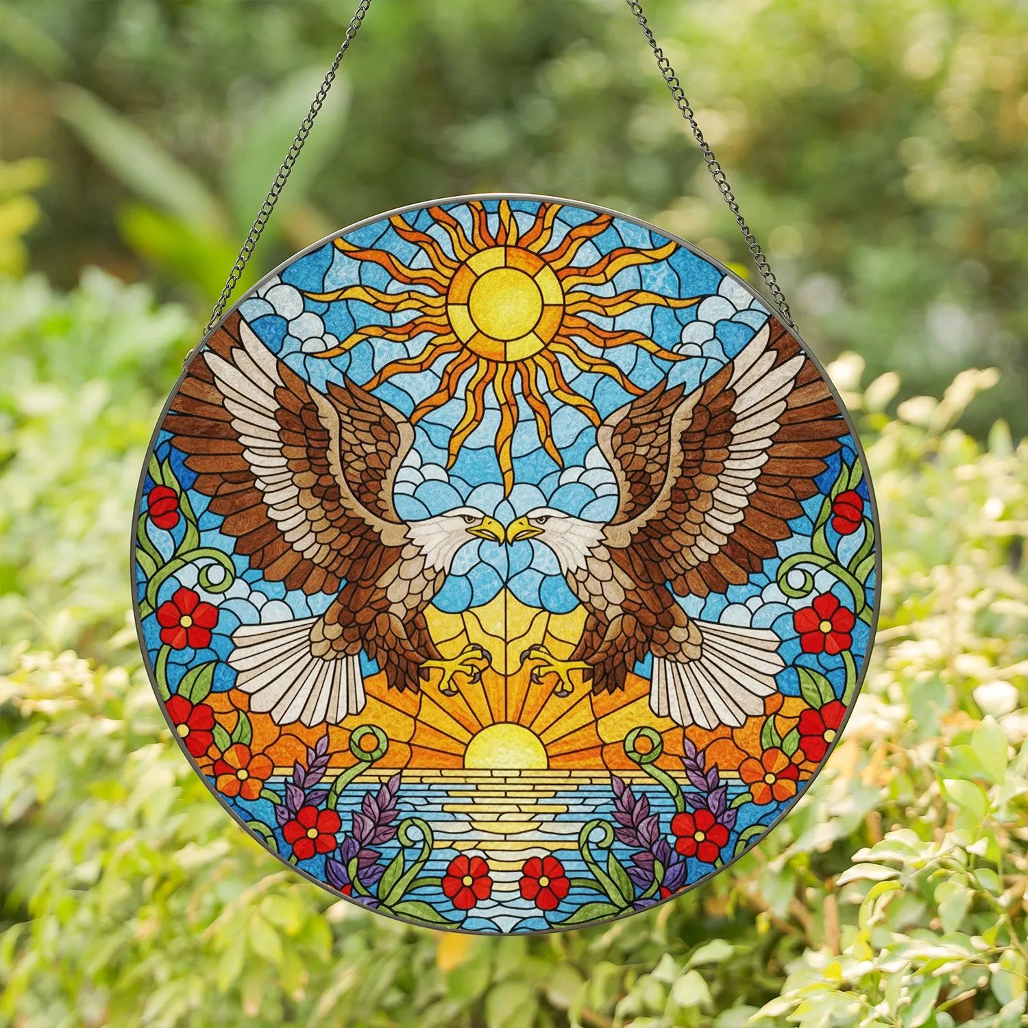 Bald Eagles Soaring Tiffany Stained Glass Art - Sunset Blue Sky & Floral Mosaic Design Stained Glass Suncatcher - 1