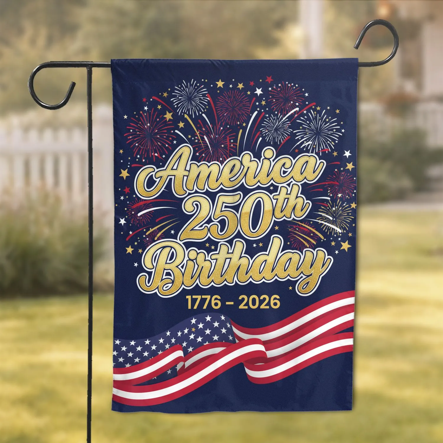 America 250th Birthday 1776-2026 Script Art - Patriotic Flag Fireworks Celebration Garden Flag - 1