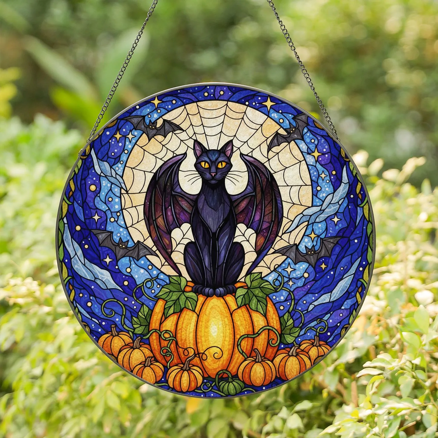 Black Bat Wing Cat Orange Pumpkin Full Moon Spiderweb - Halloween Autumn Decor Gift for Cat Lovers Stained Glass Suncatcher - 1