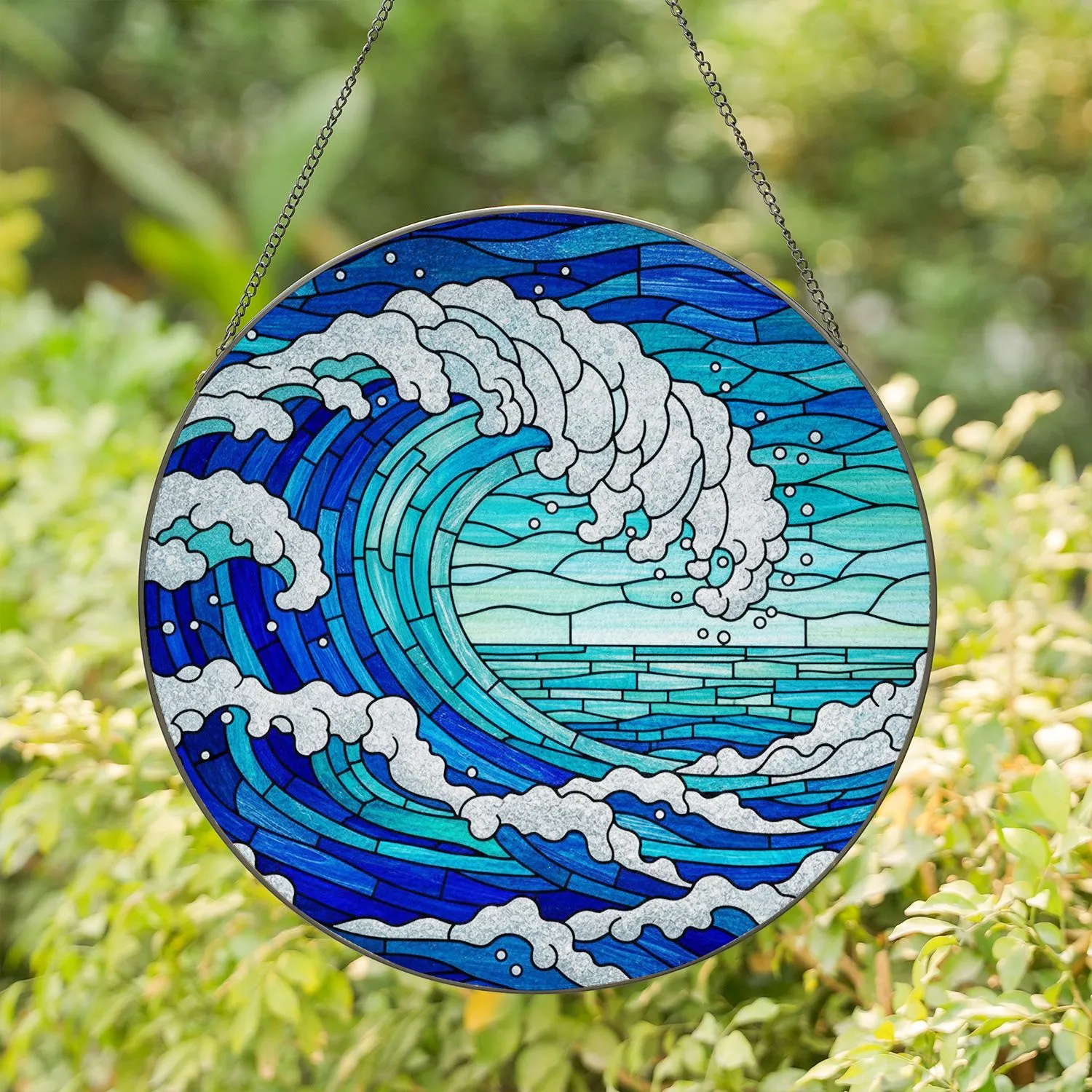 Dynamic Crashing Ocean Wave Stained Glass - Tiffany Jewel Tone Ocean Water Swirl Mosaic Stained Glass Suncatcher - 1