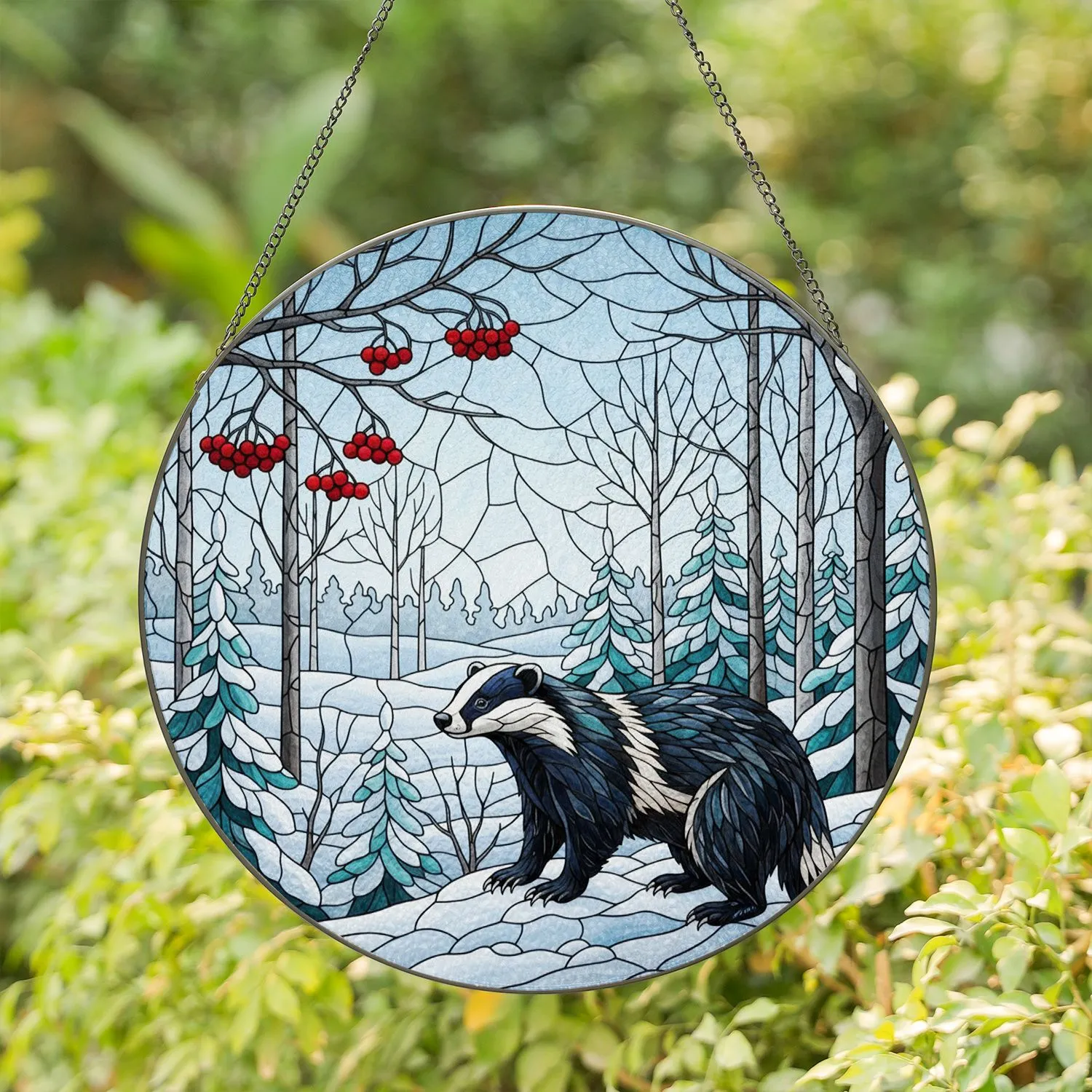 Majestic Badger Stained Glass Winter Forest Tiffany Style Art Snow Scene Gift Stained Glass Suncatcher - 1