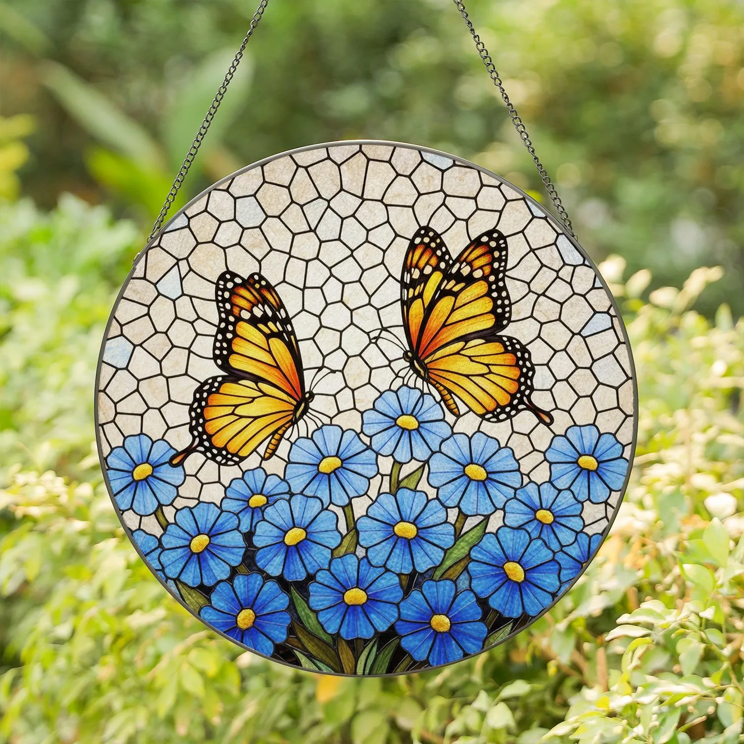 Monarch Butterfly Stained Glass Blue Flower Mosaic Art - Tiffany Style Jewel Tone Decor Stained Glass Suncatcher - 1