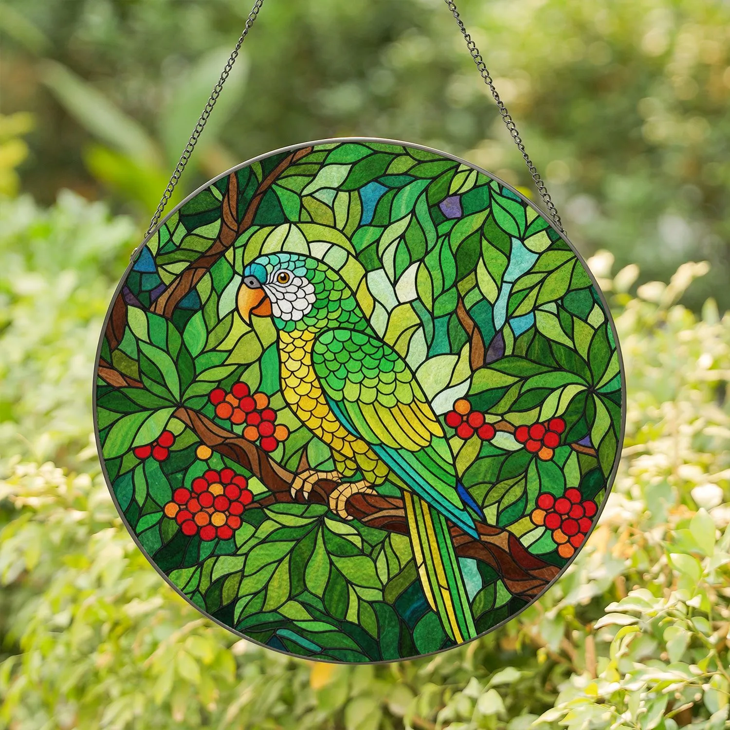 Vivid Green Parrot Tiffany Stained Glass Tropical Jungle Foliage Window Art Decor Stained Glass Suncatcher - 1
