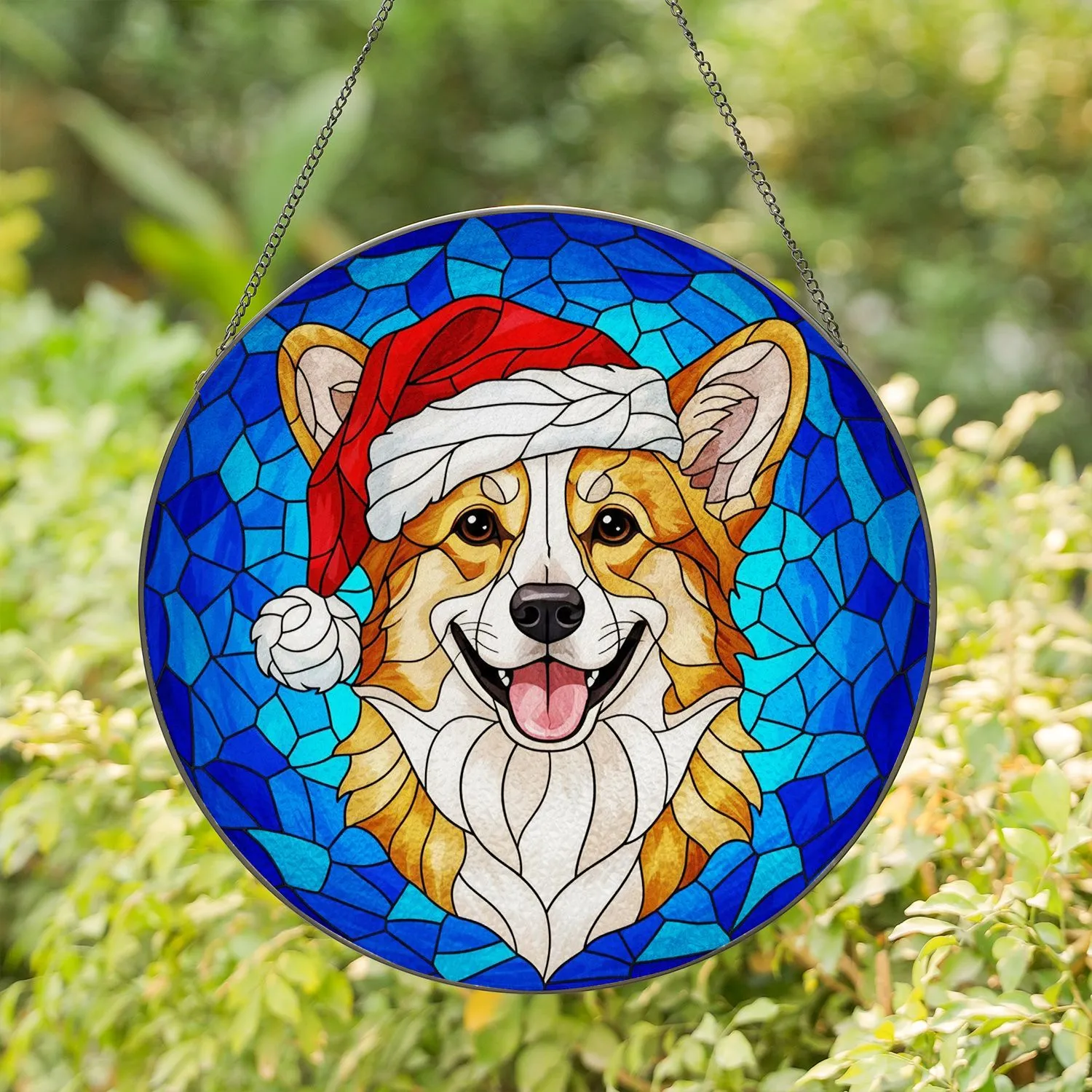 Happy Pembroke Corgi Stained Glass Mosaic Dog Santa Hat - Festive Christmas Holiday Decor Stained Glass Suncatcher - 1