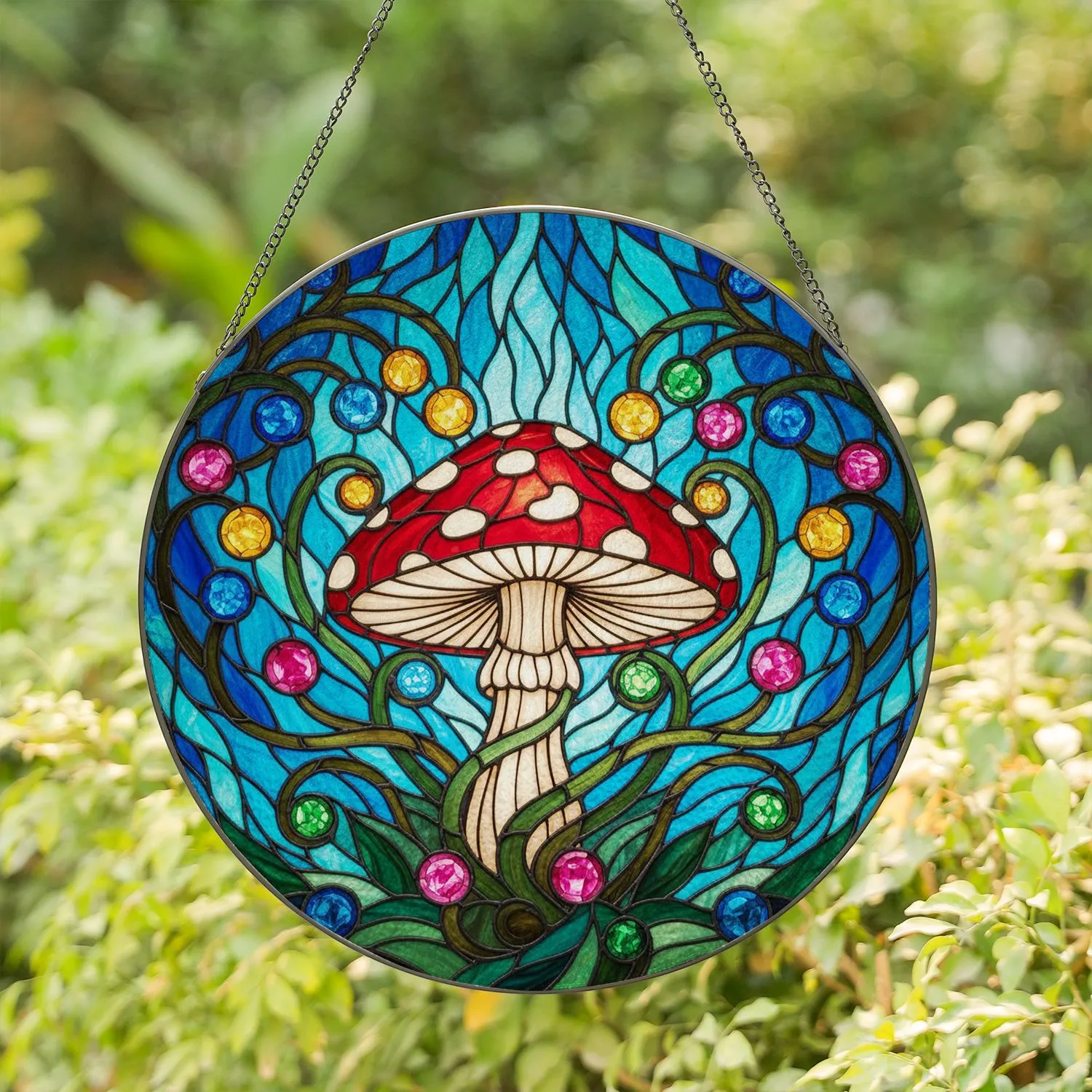 Amanita Muscaria Mushroom Tiffany Stained Glass Forest Berries Edge-to-Edge Mosaic Art Stained Glass Suncatcher - 1