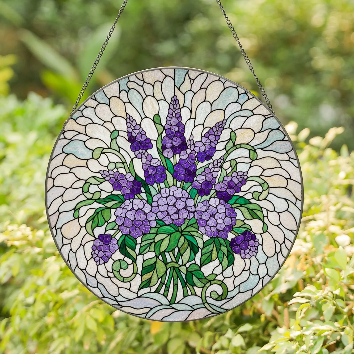 Tiffany Style Stained Glass Lavender Hydrangea Floral Bouquet Opalescent Swirl Mosaic Artwork Stained Glass Suncatcher - 1