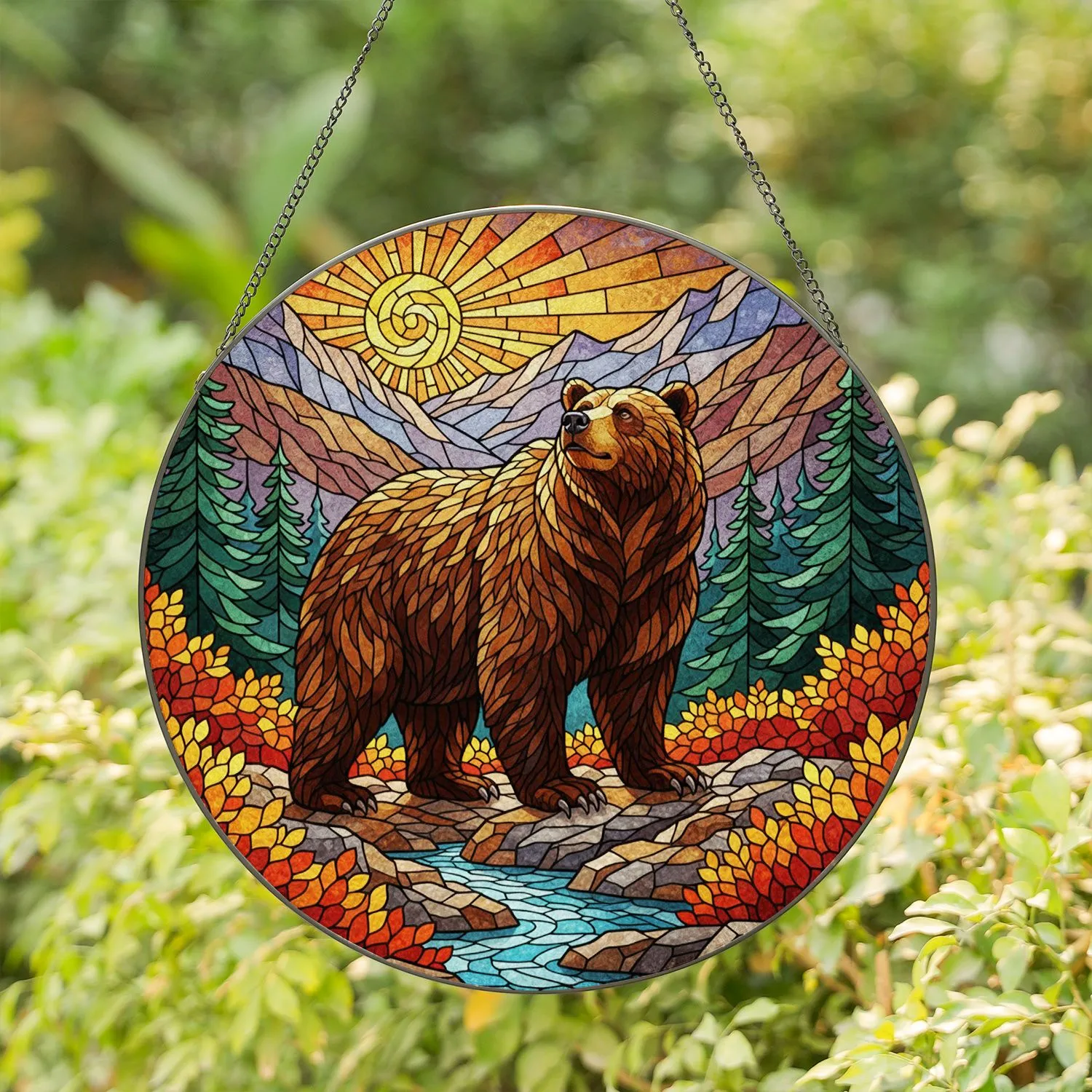 Stained Glass Brown Bear Mountain Sunrise Tiffany Jewel Tones Stained Glass Suncatcher - 1