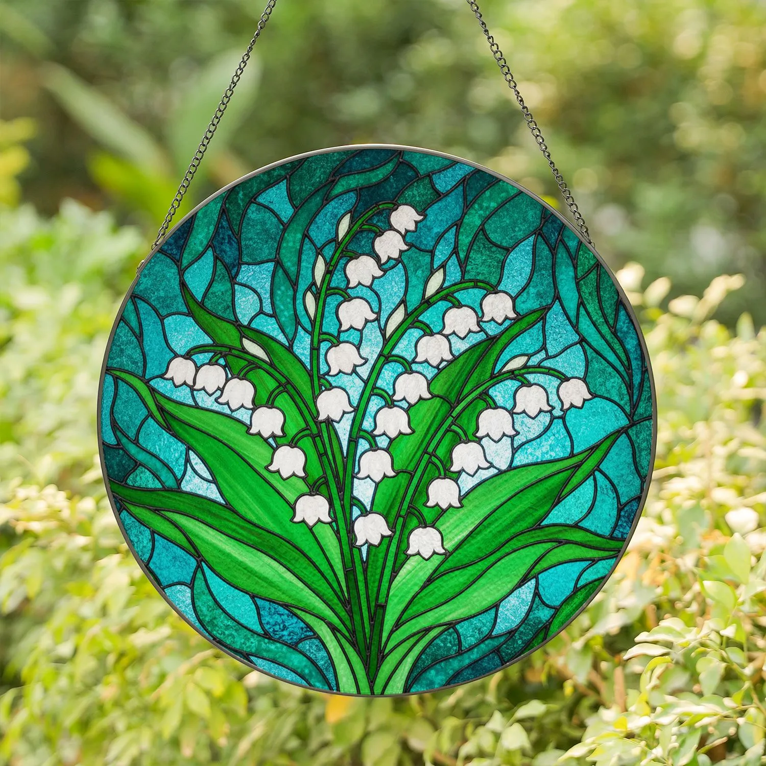 Lily of the Valley Floral Tiffany Style Stained Glass Art with Green Leaves & Teal Mosaic Stained Glass Suncatcher - 1