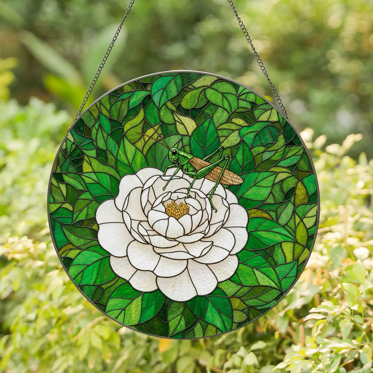 Detailed Green Grasshopper on White Camellia Flower - Tiffany Stained Glass Art Stained Glass Suncatcher - 1