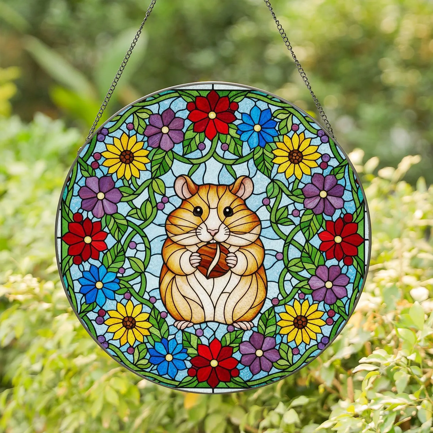 Hamster Chestnut Flowers Tiffany Glass - Detailed Mosaic Home Decor Gift for Animal Lovers Stained Glass Suncatcher - 1