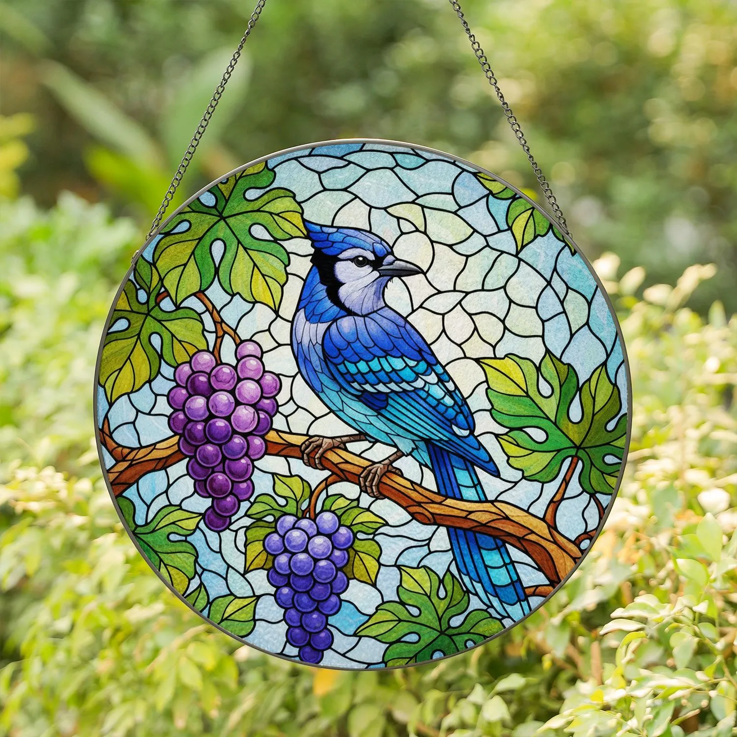 Blue Jay Branch Stained Glass Purple Grapes Vine Leaves Translucent Tiffany Mosaic Stained Glass Suncatcher - 1
