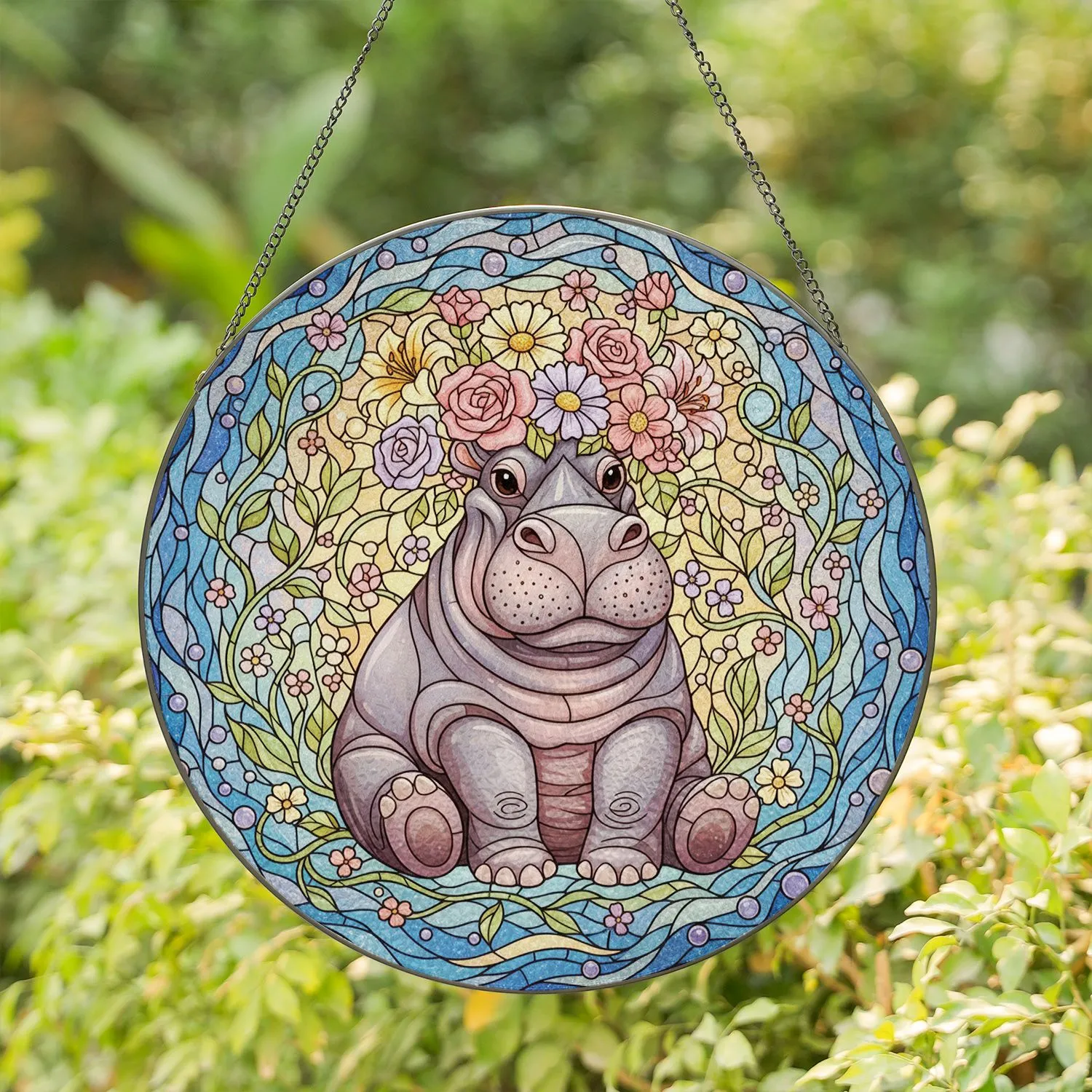Plump Cartoon Hippo Blooming Flower Crown Stained Glass Art - Tiffany Water Mosaic Stained Glass Suncatcher - 1