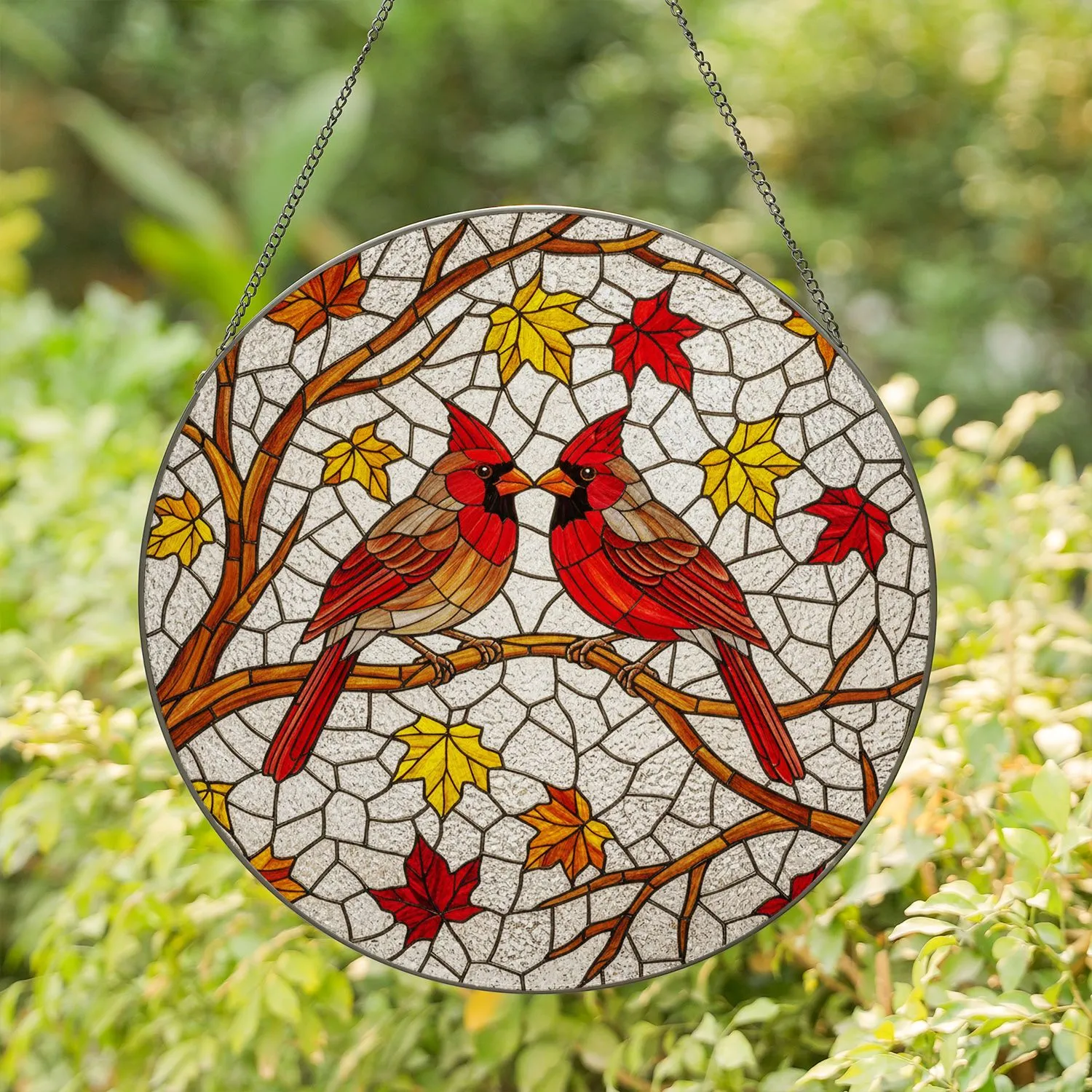 Red Cardinal Pair Autumn Leaves - Tiffany Style Stained Glass Window Decoration Stained Glass Suncatcher - 1