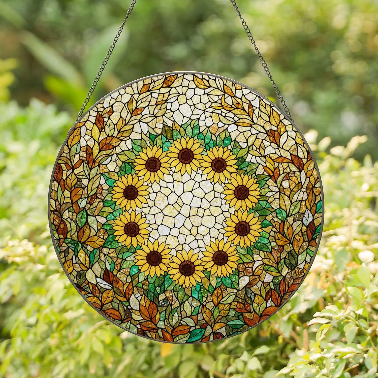Tiffany Style Stained Glass Sunflower Wreath Mosaic Dappled Light Nature Leaves Stained Glass Suncatcher - 1