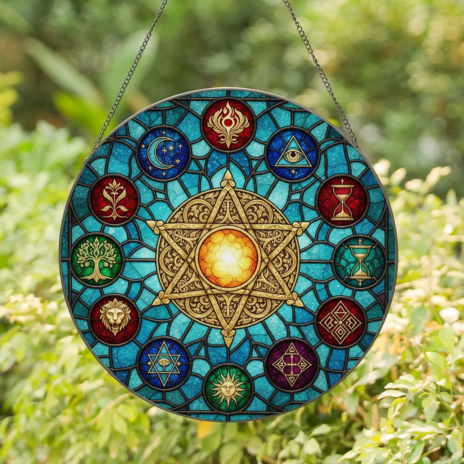 Ornate Golden Pentagram Mystical Symbols Astrological Arcane Tiffany Stained Glass Stained Glass Suncatcher - 1
