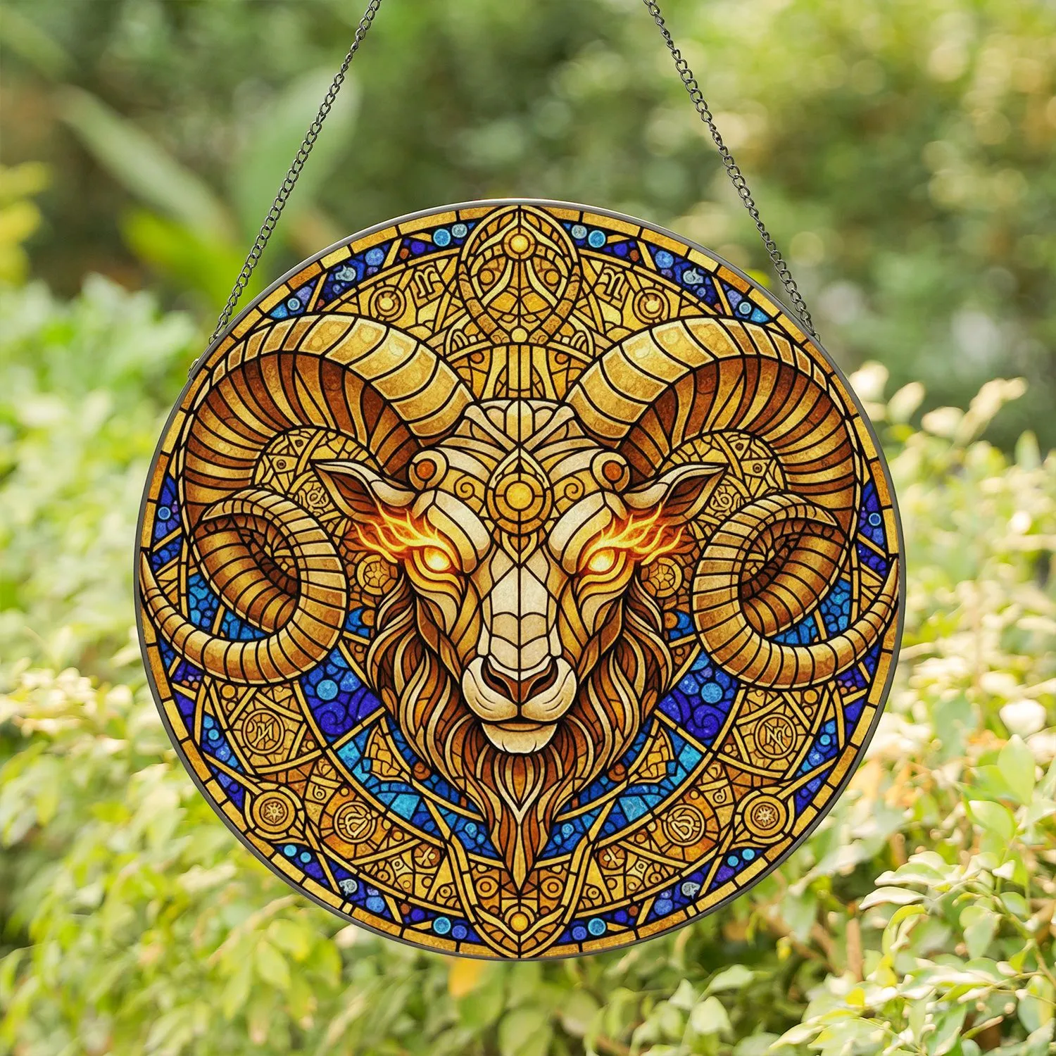 Stylized Ram Head Stained Glass Art - Tiffany Style Jewel Tones Celestial Geometric Mosaic Stained Glass Suncatcher - 1