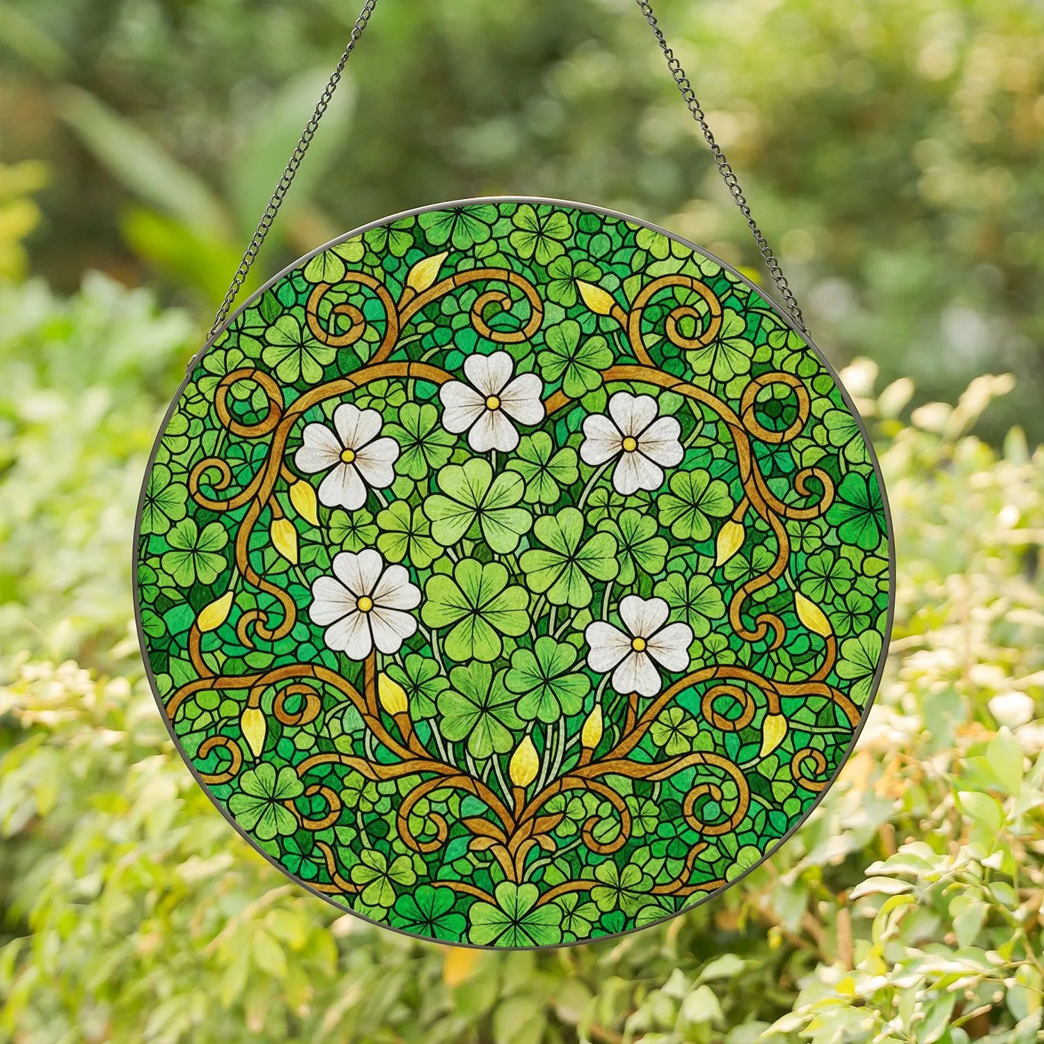 Four Leaf Clover Stained Glass Botanical Mosaic - Tiffany Style Floral Art Nature Decor Gift Stained Glass Suncatcher - 1