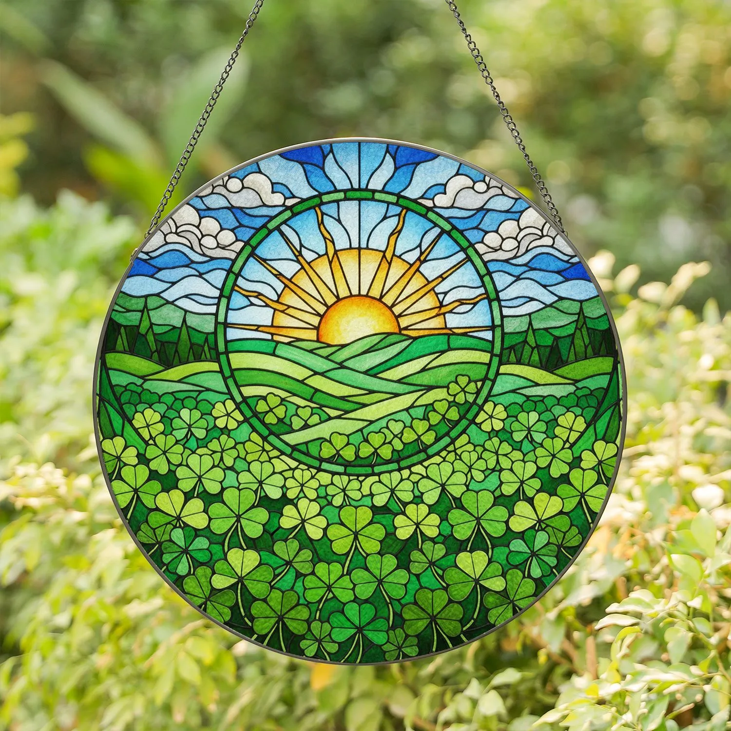 Four Leaf Clover Rolling Hills Stained Glass Art - Golden Sun Tiffany Style Nature Decor Stained Glass Suncatcher - 1