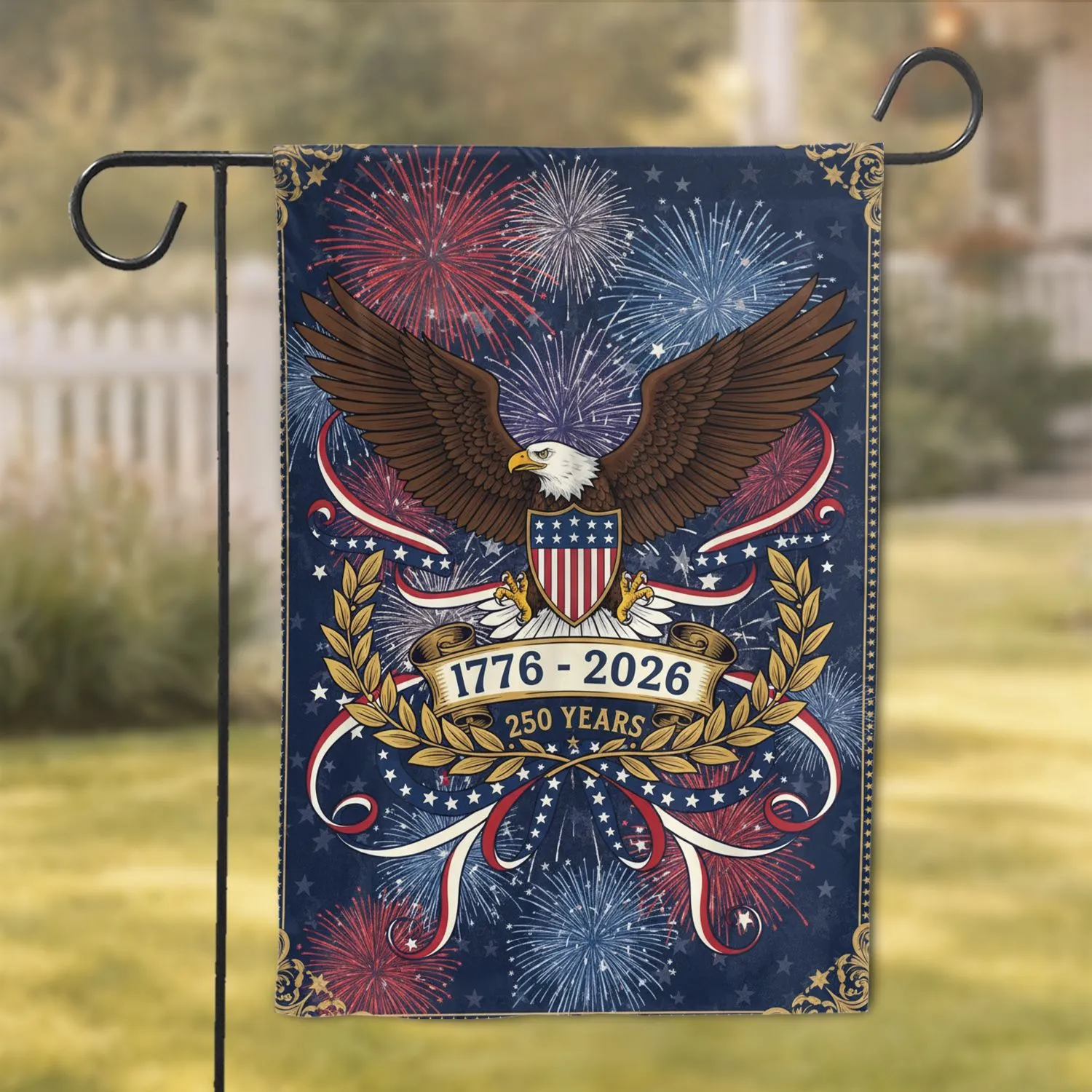 Bald Eagle American Flag 1776-2026 - USA 250th Anniversary Patriotic Fireworks Garden Flag - 1