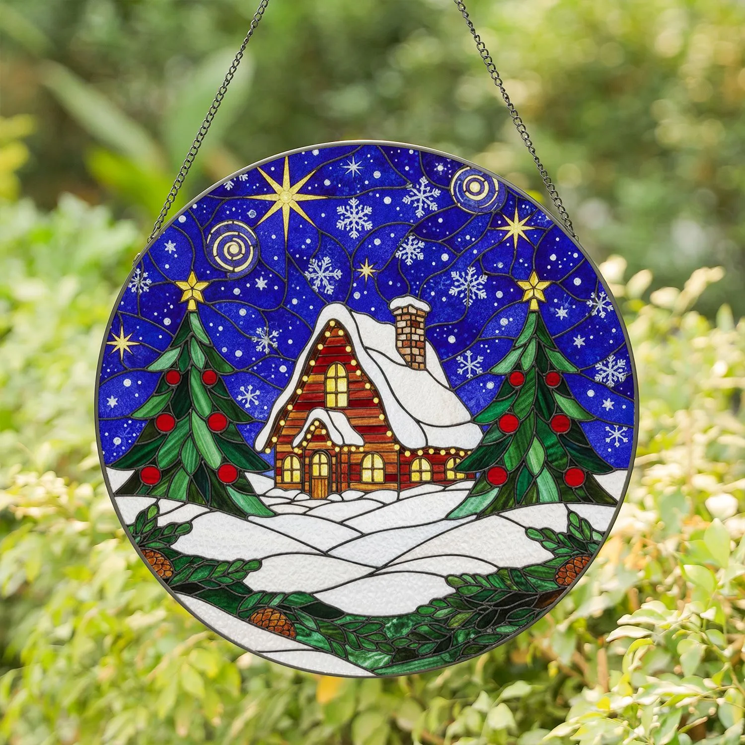 Stained Glass Winter Cabin Christmas Trees Star-Filled Night Sky Holiday Decoration Gift Stained Glass Suncatcher - 1