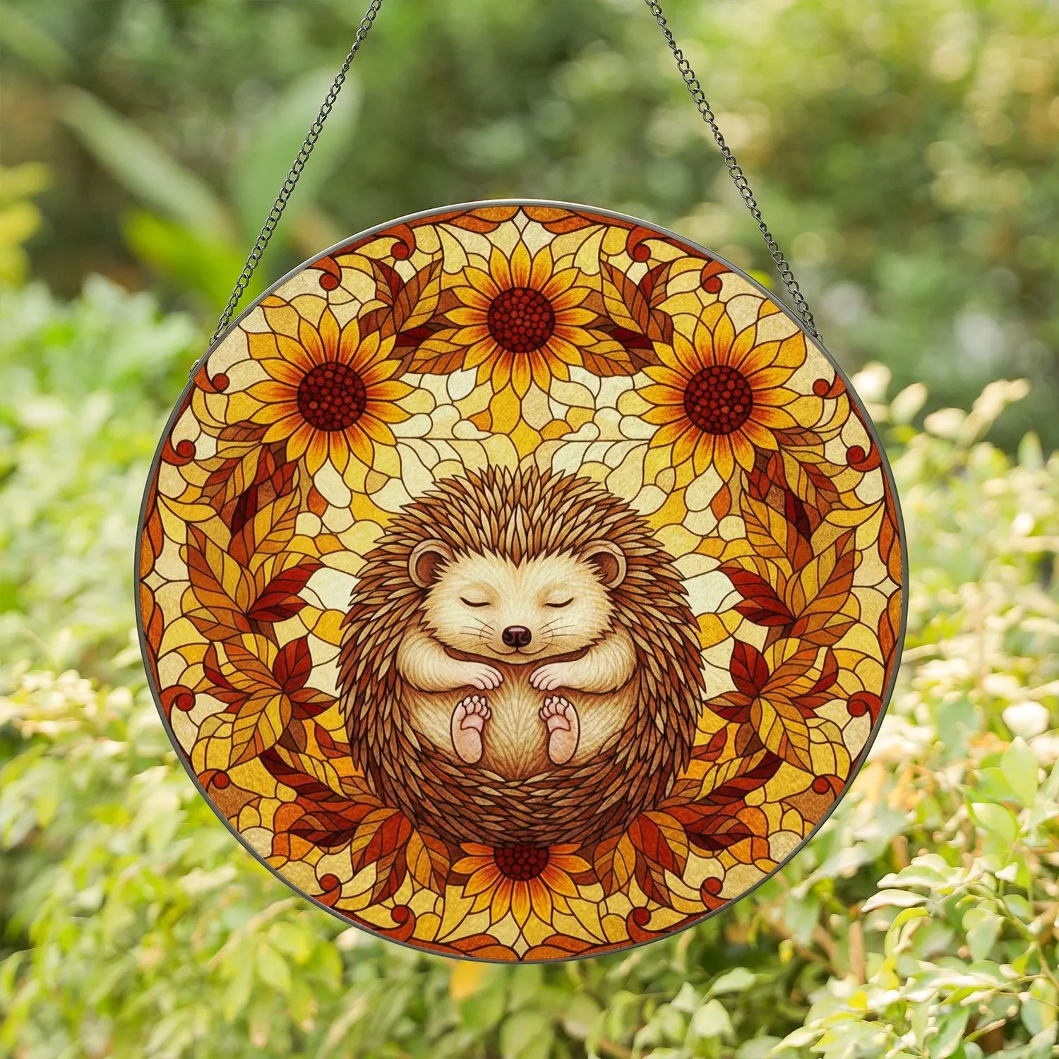 Intricate Sleeping Hedgehog Stained Glass Autumn Leaves Sunflowers Forest Canopy Art Stained Glass Suncatcher - 1
