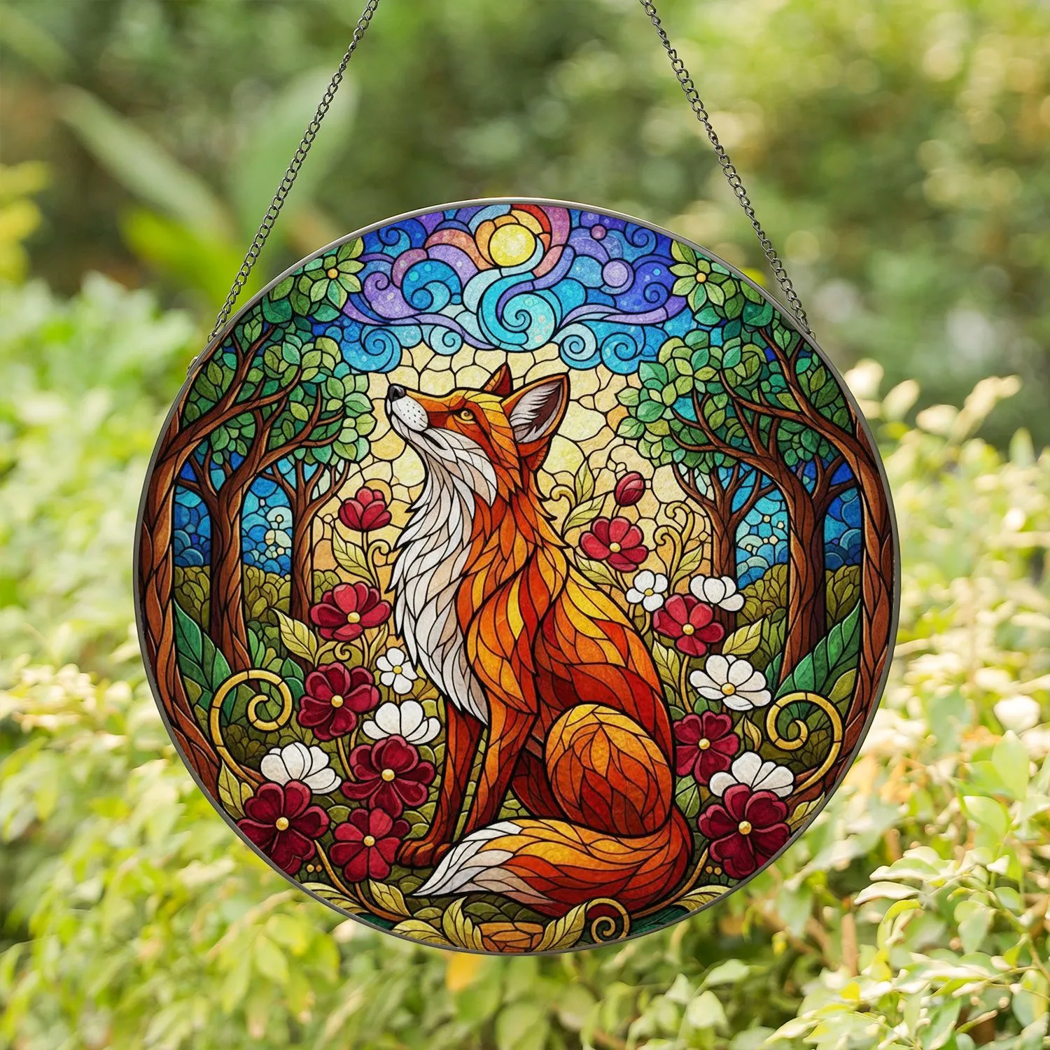 Stylized Sitting Fox Stained Glass Forest Flowers Mosaic Art - Tiffany Style Jewel Tones Stained Glass Suncatcher - 1