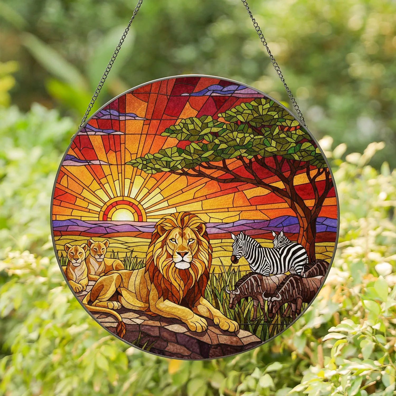 African Lion Pride Stained Glass Art - Savanna Sunset Landscape Wild Animals Decor Stained Glass Suncatcher - 1