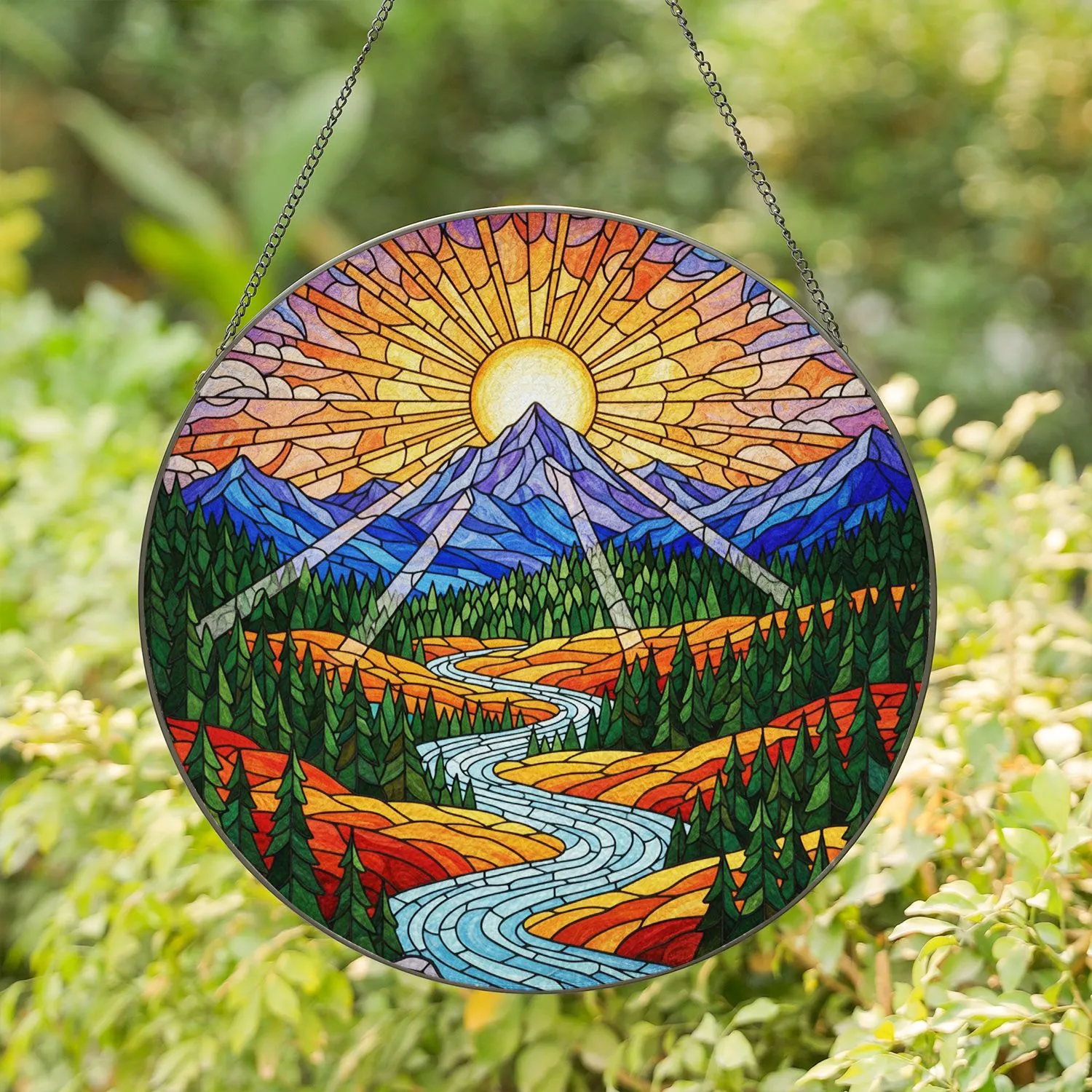 Glowing Sun Mountain River Forest Autumnal Vista - Home Decor Window Gift Stained Glass Suncatcher - 1