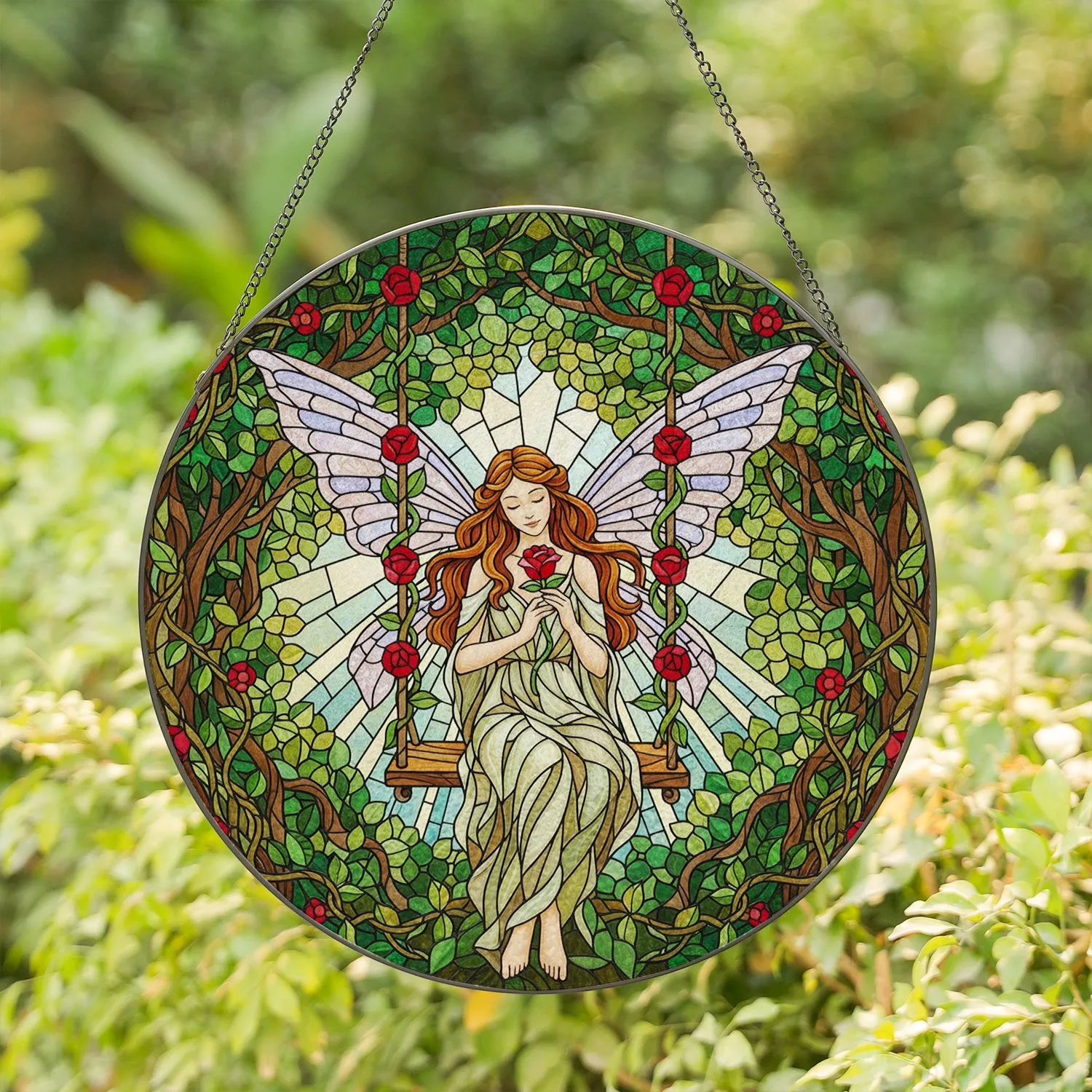 Highly Detailed Fairy Rose Swing Stained Glass Forest - Tiffany Translucent Wings Stained Glass Suncatcher - 1