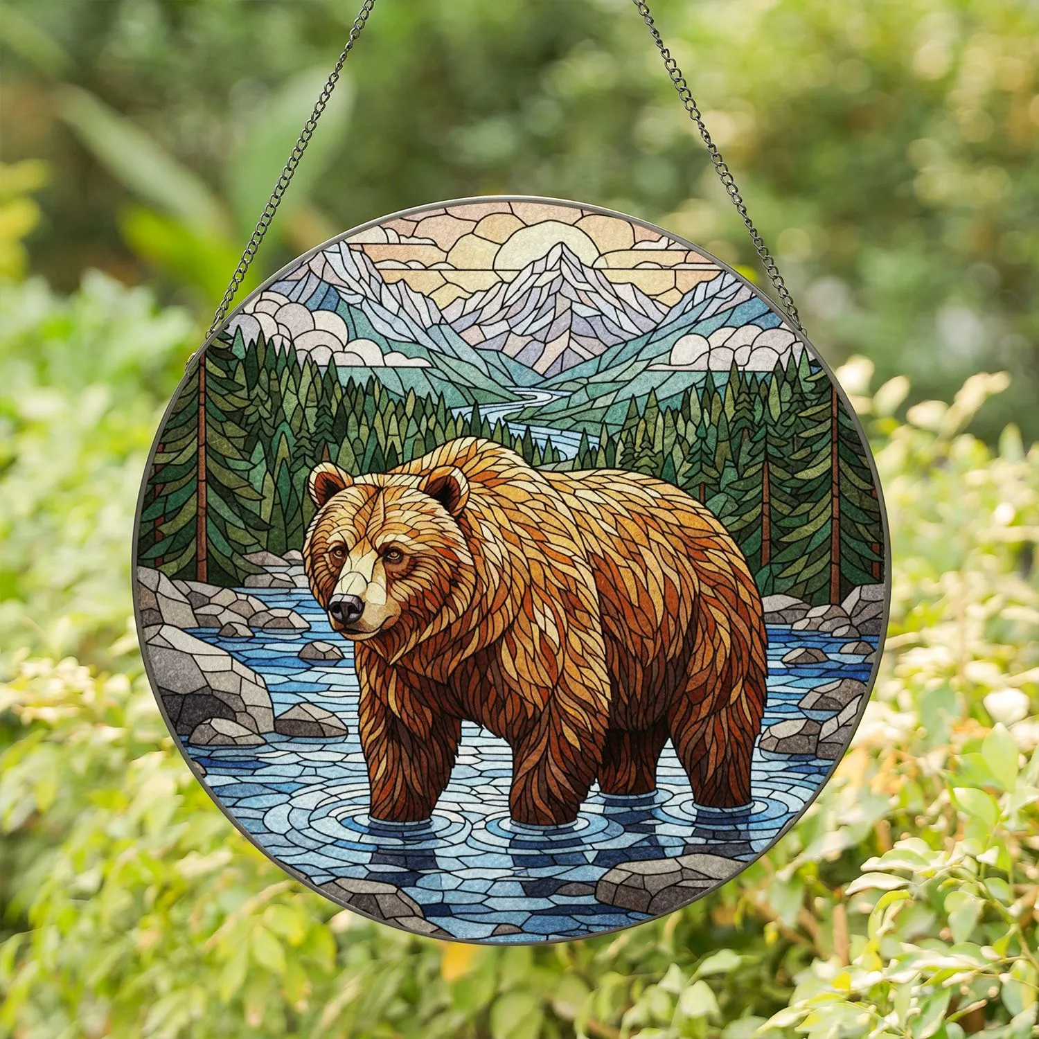 Grizzly Bear Tiffany Stained Glass - Mountain River Forest Wildlife Water Scene Decor Stained Glass Suncatcher - 1