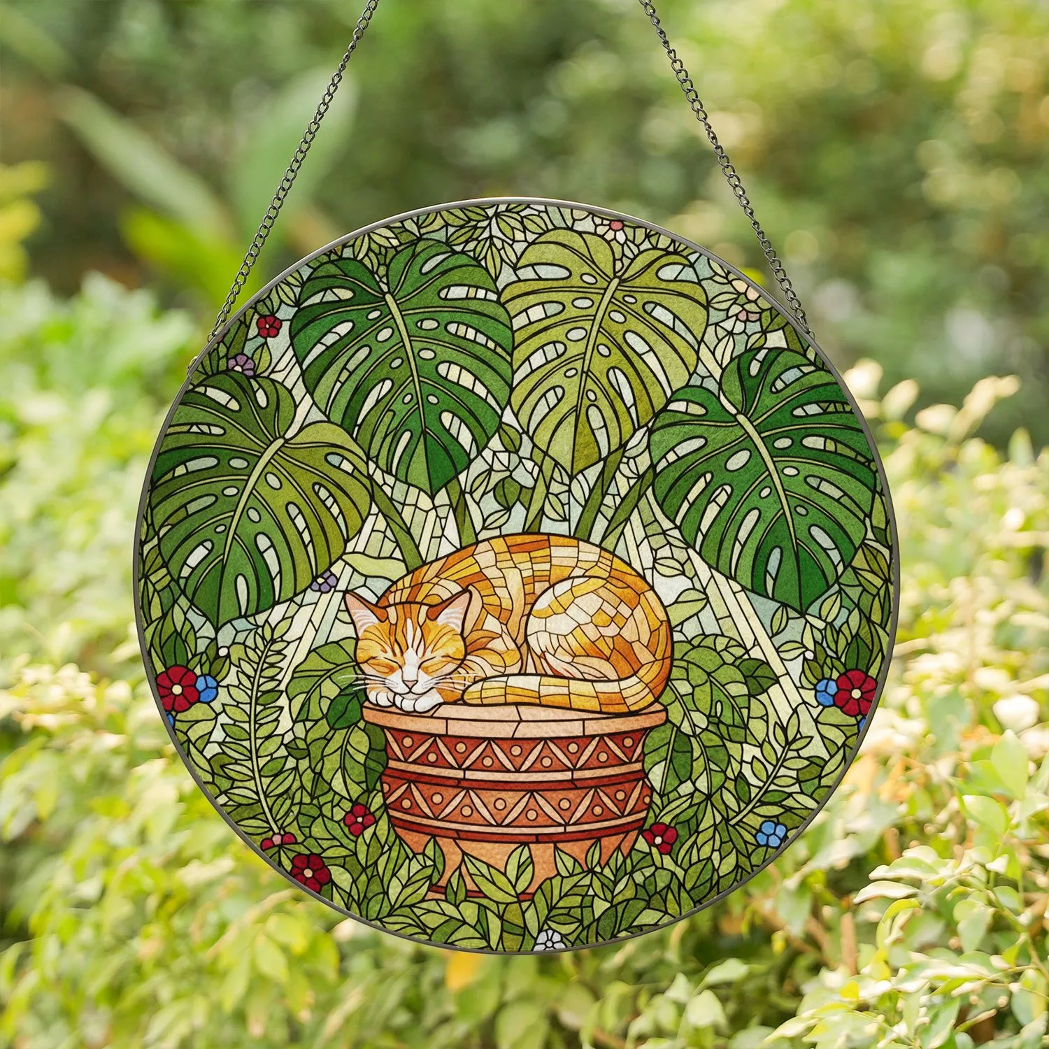 Sleeping Orange Tabby Cat Monstera Leaves Tiffany Stained Glass Intricate Garden Foliage Stained Glass Suncatcher - 1