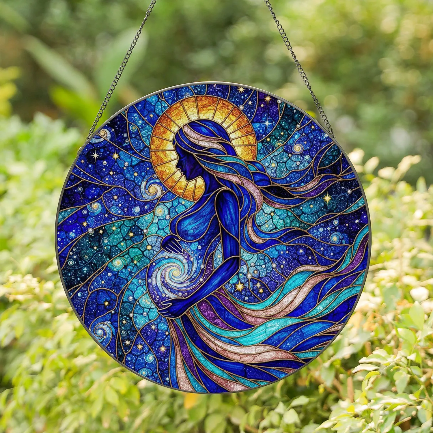 Pregnant Woman Silhouette Stained Glass Cosmic Galaxy Nebula - Expecting Mother Gift Stained Glass Suncatcher - 1