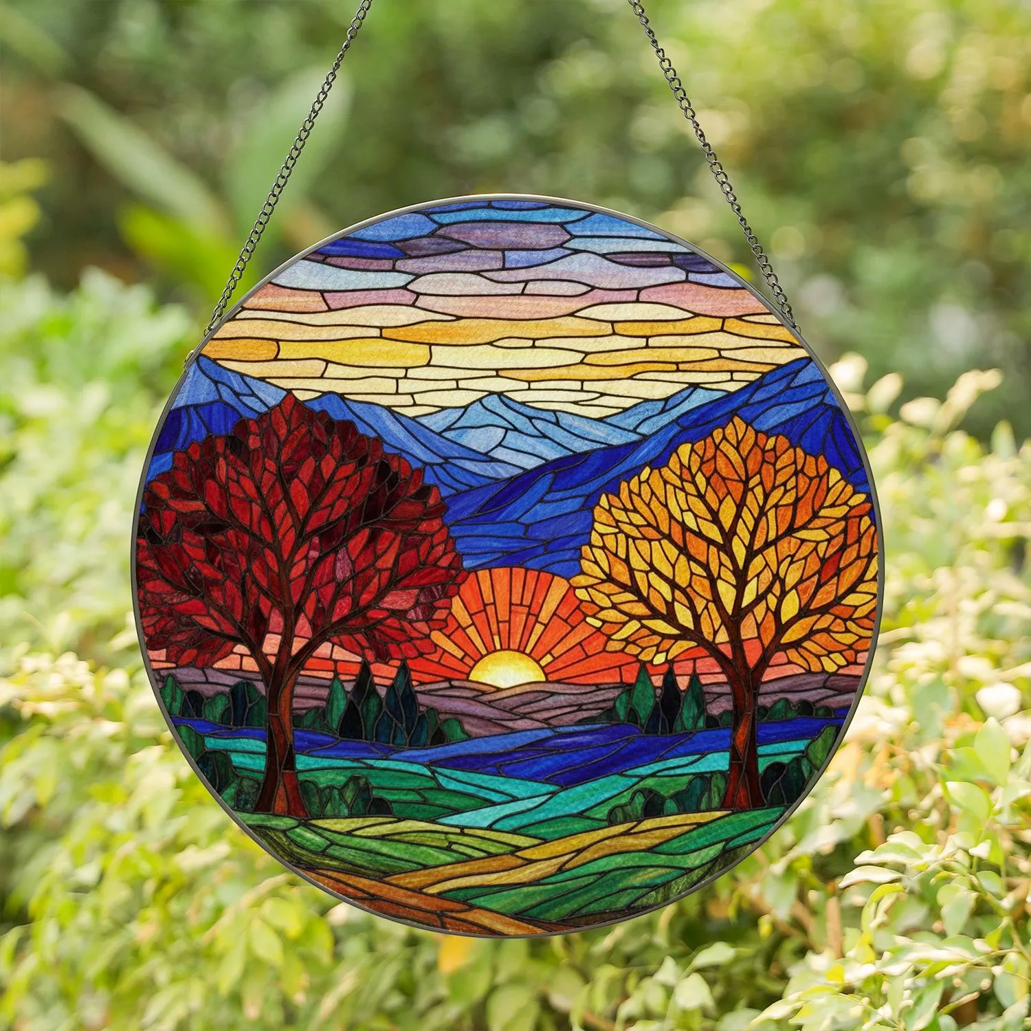 Tiffany Stained Glass Sunset Autumn Trees Mountain Landscape Window Decor Gift Stained Glass Suncatcher - 1