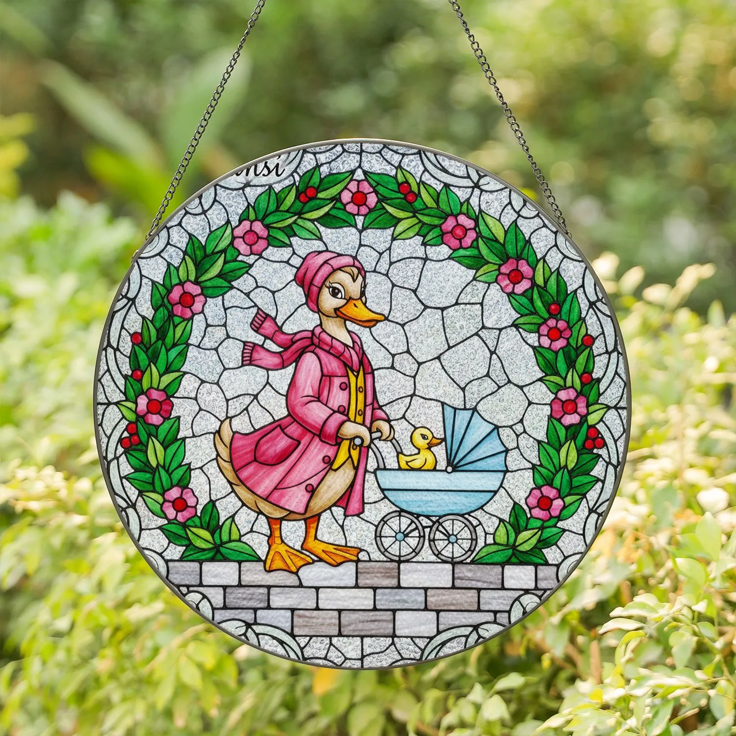 Mother Duck Baby Duckling Stroller Stained Glass Art Jewel Tone Floral Wreath Mosaic Stained Glass Suncatcher - 1