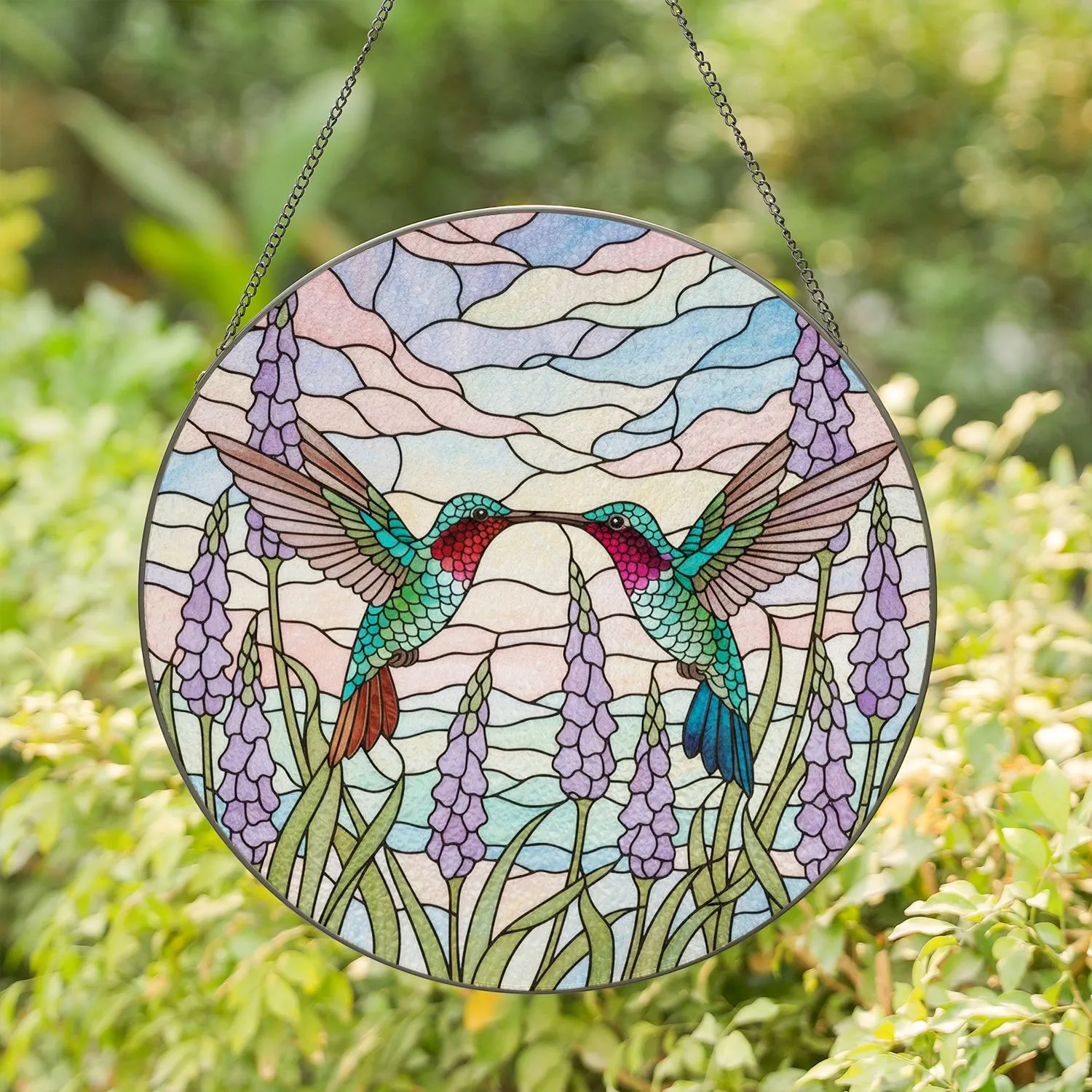 Two Hummingbirds Lavender Flowers Tiffany Stained Glass Intricate Mosaic Pastel Sky Stained Glass Suncatcher - 1