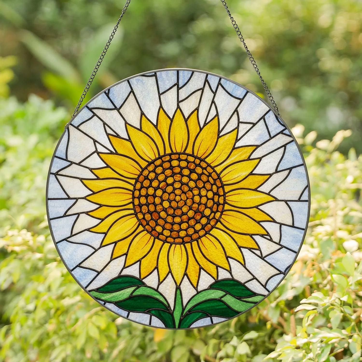 Tiffany Glass Sunflower Seed Head Mosaic - Radiant Petals, Sky, Emerald Green Leaves Stained Glass Suncatcher - 1