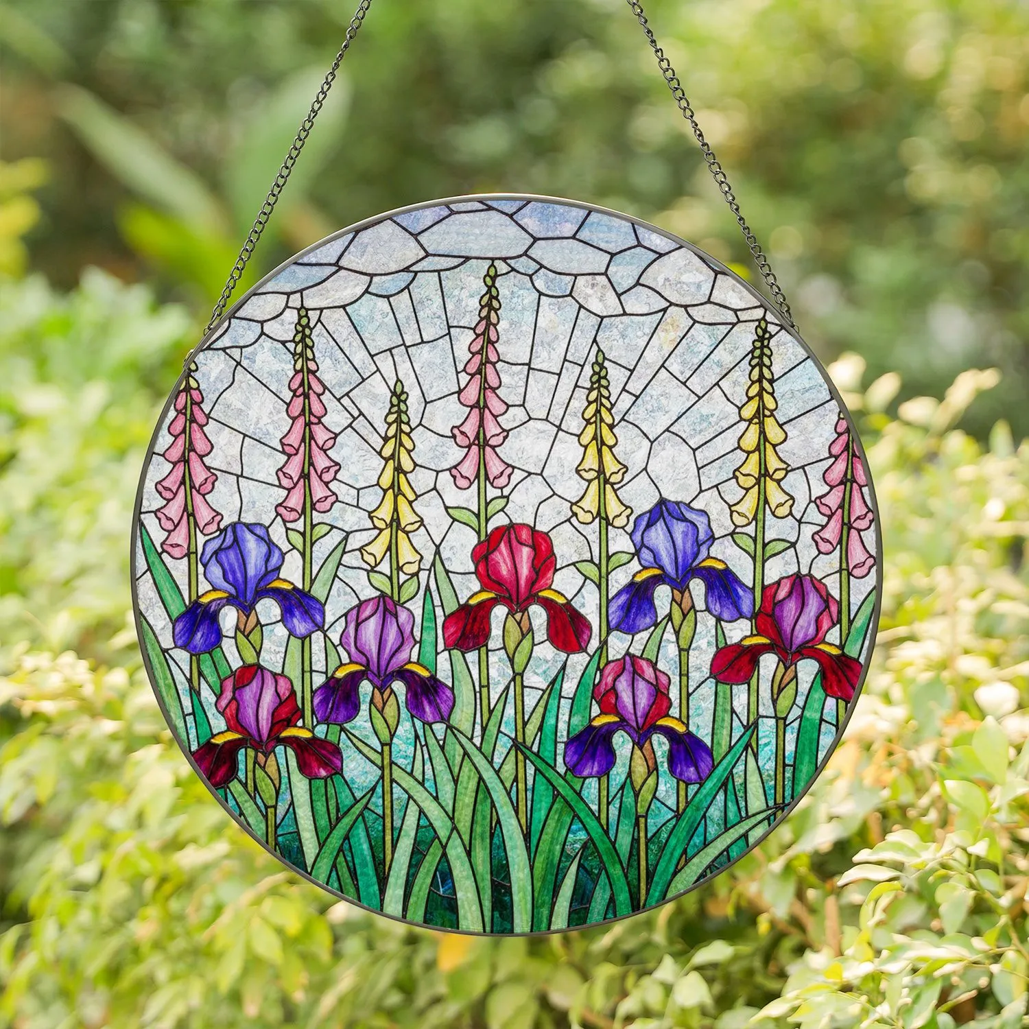 Tiffany Style Glowing Jewel Tone Irises & Spike Flowers Garden Scene Mosaic Decor Stained Glass Suncatcher - 1