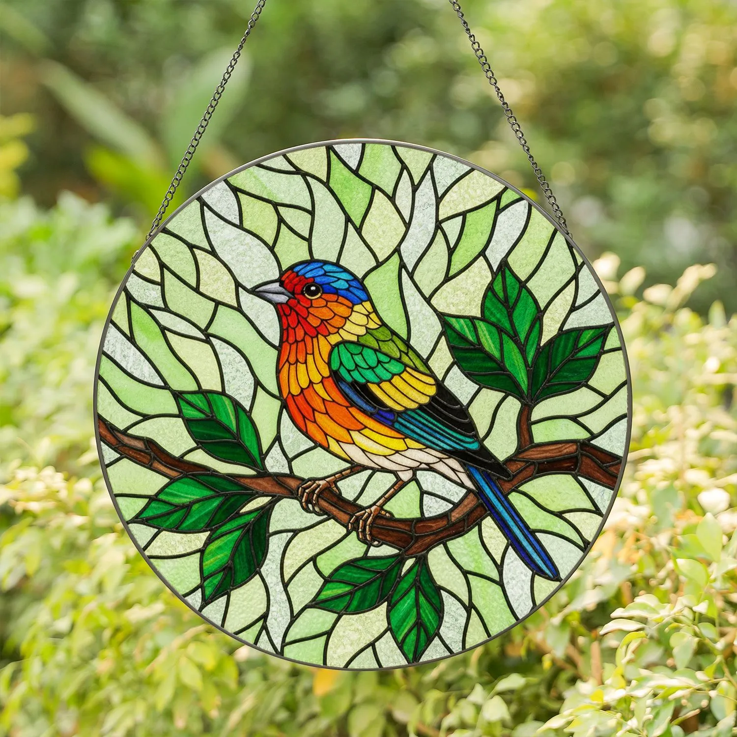 Stained Glass Colorful Bird on Branch - Tiffany Style Jewel Tone Mosaic Passerine Art Stained Glass Suncatcher - 1