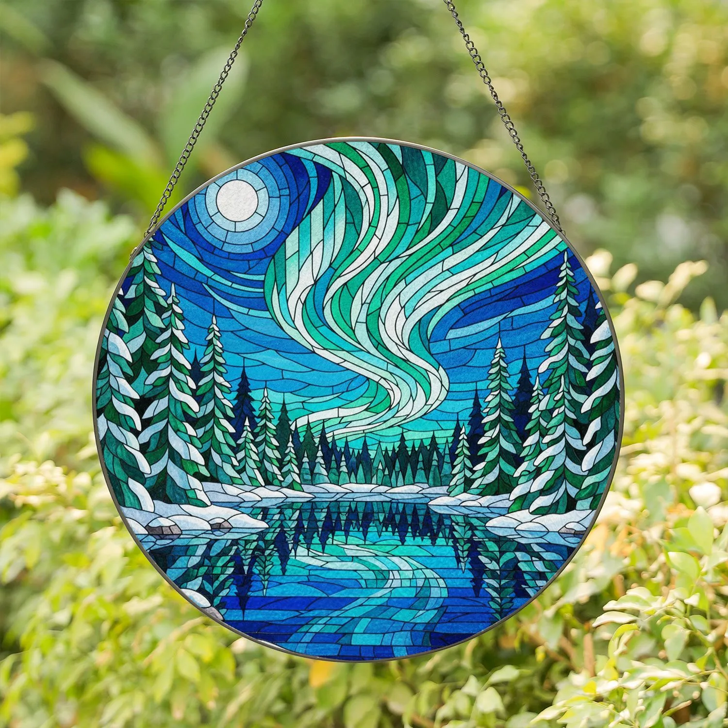 Stained Glass Northern Lights Winter Night Frozen Lake Evergreen Forest Full Moon Artwork Stained Glass Suncatcher - 1