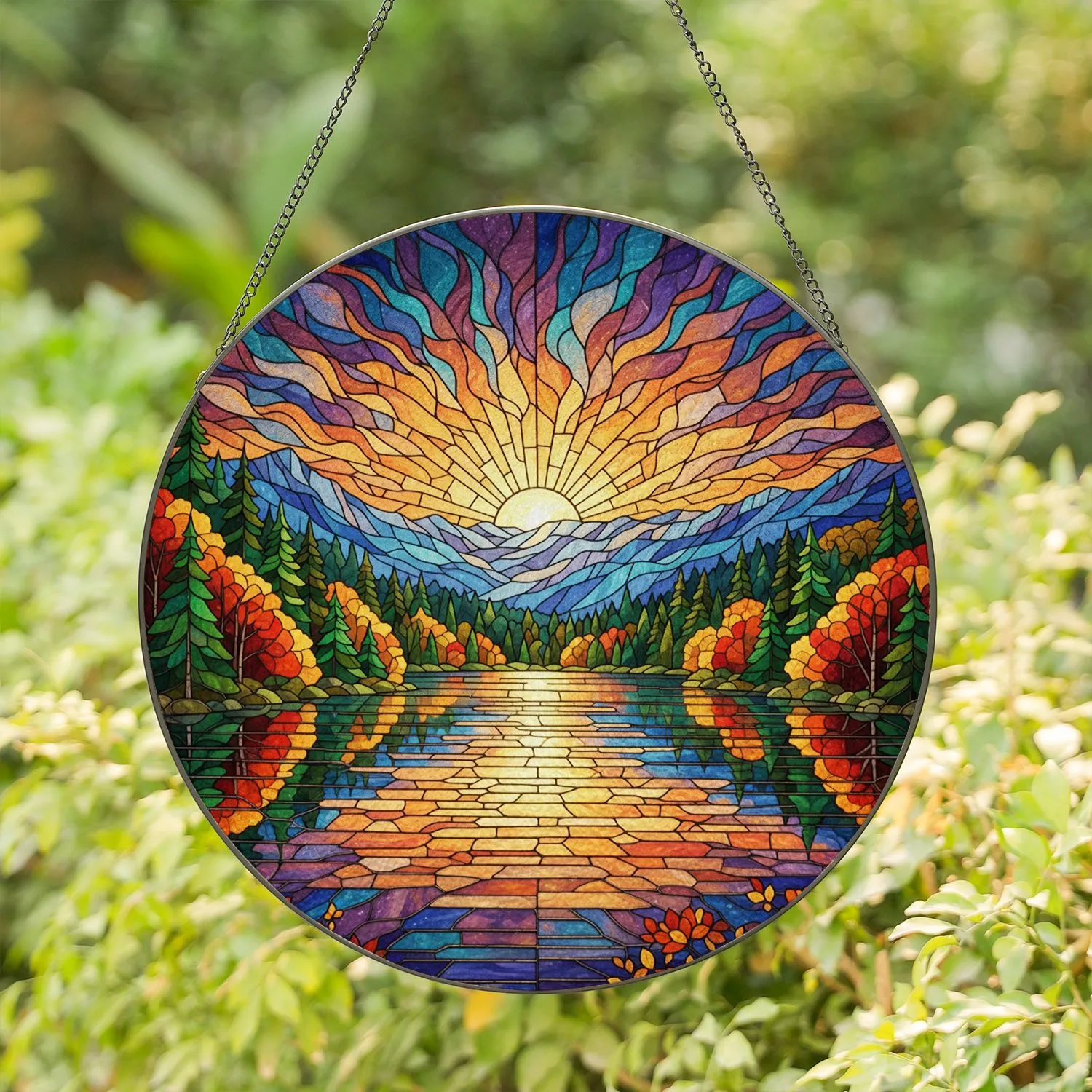 Tiffany Stained Glass Sunset Mountain Lake Forest Trees Scene - Nature Home Decor Gift Stained Glass Suncatcher - 1