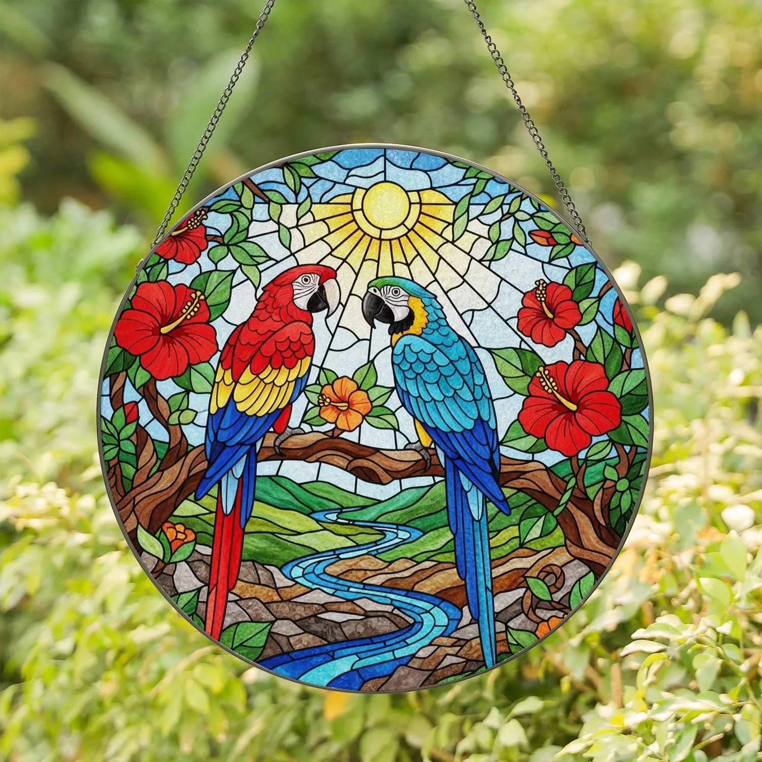Macaw Tropical Birds Tiffany Style Stained Glass - Radiant Sun River Hills Landscape Stained Glass Suncatcher - 1
