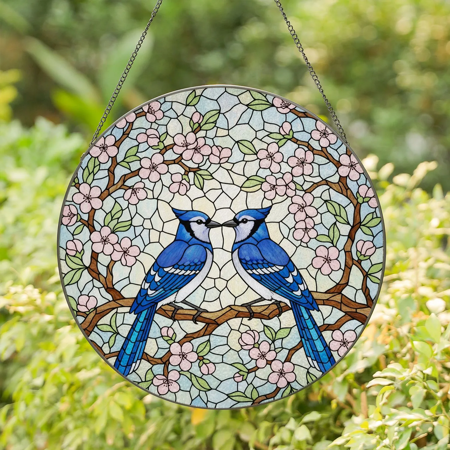 Blue Jays Stained Glass Tiffany Style Flowering Branches Pink Blossoms Mosaic Background Stained Glass Suncatcher - 1