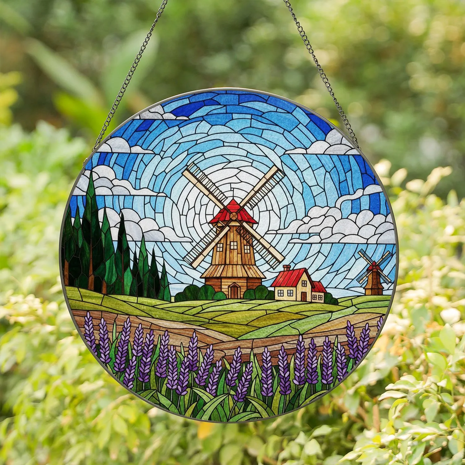 Tiffany Stained Glass Windmill Houses Landscape - Intricate Jewel Tone Lavender Hills Art Stained Glass Suncatcher - 1