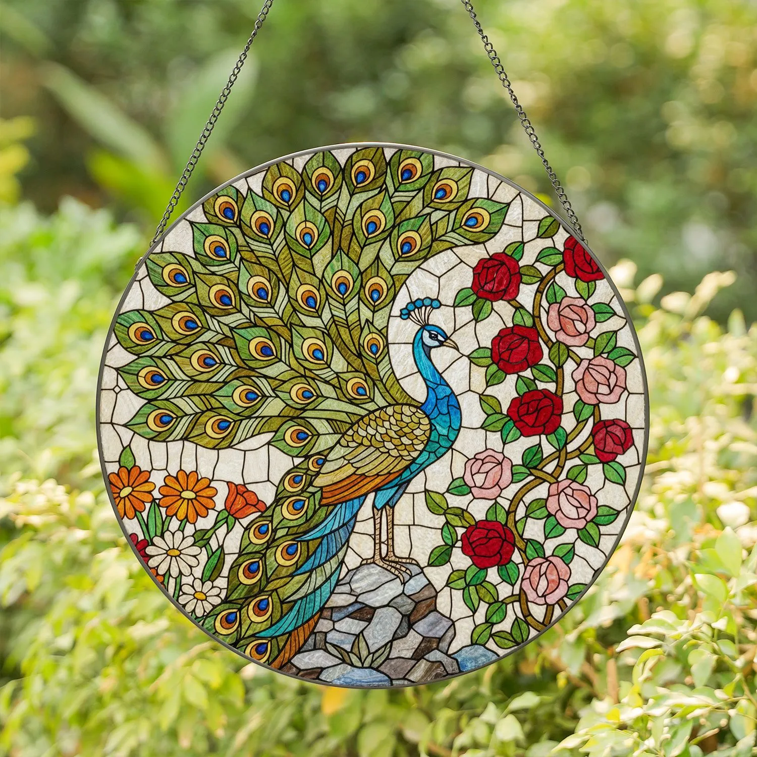 Majestic Peacock Stained Glass Art with Roses, Daisies - Tiffany Style Jewel Tone Mosaic Glass Stained Glass Suncatcher - 1
