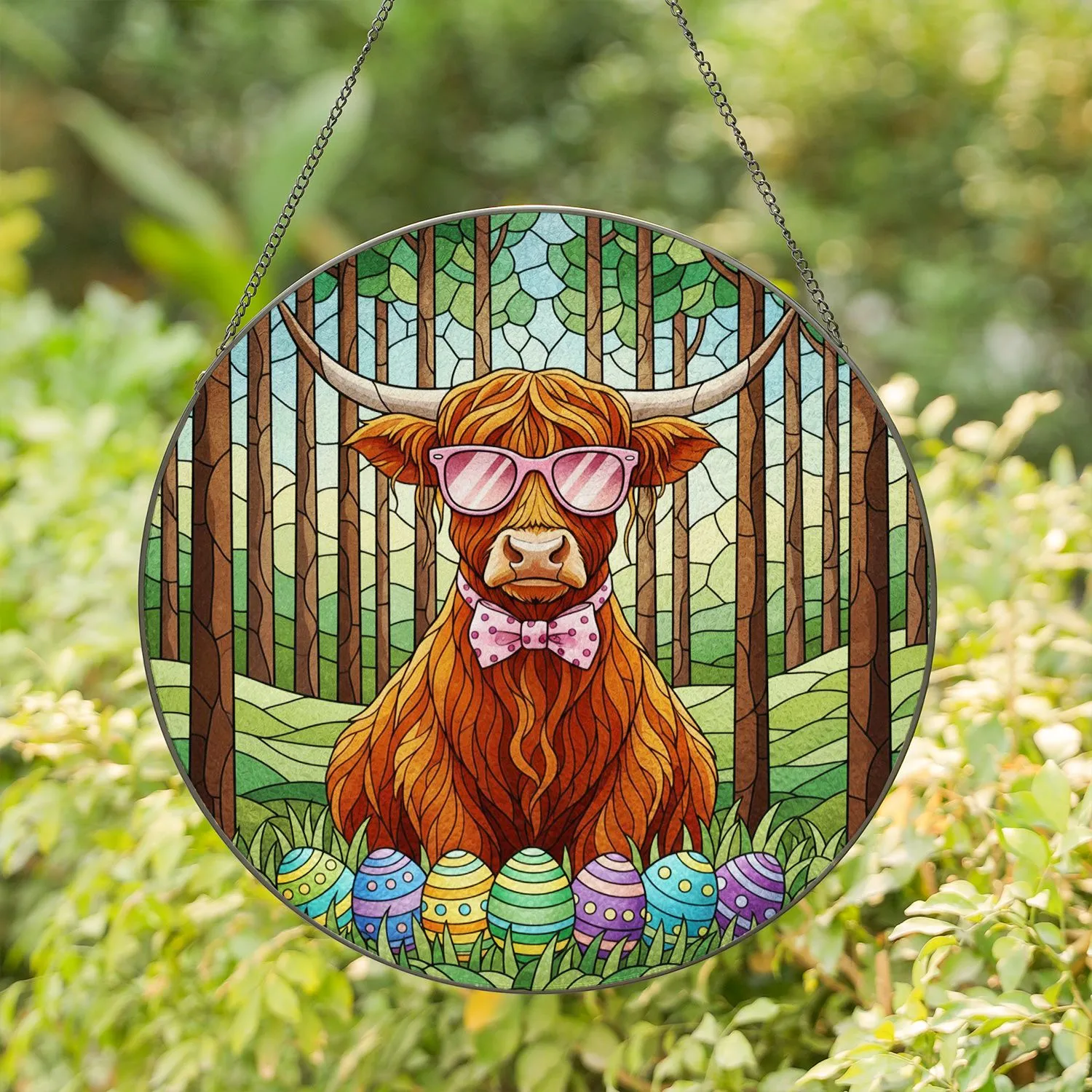Highland Cow Pink Sunglasses Polka-Dot Bow Tie Easter Eggs Tiffany Stained Glass Forest Stained Glass Suncatcher - 1