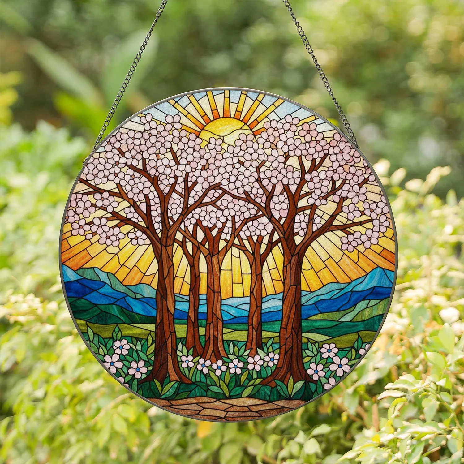 Tiffany Style Cherry Blossom Tree Stained Glass Mountain Landscape Sun Rays Home Decor Stained Glass Suncatcher - 1
