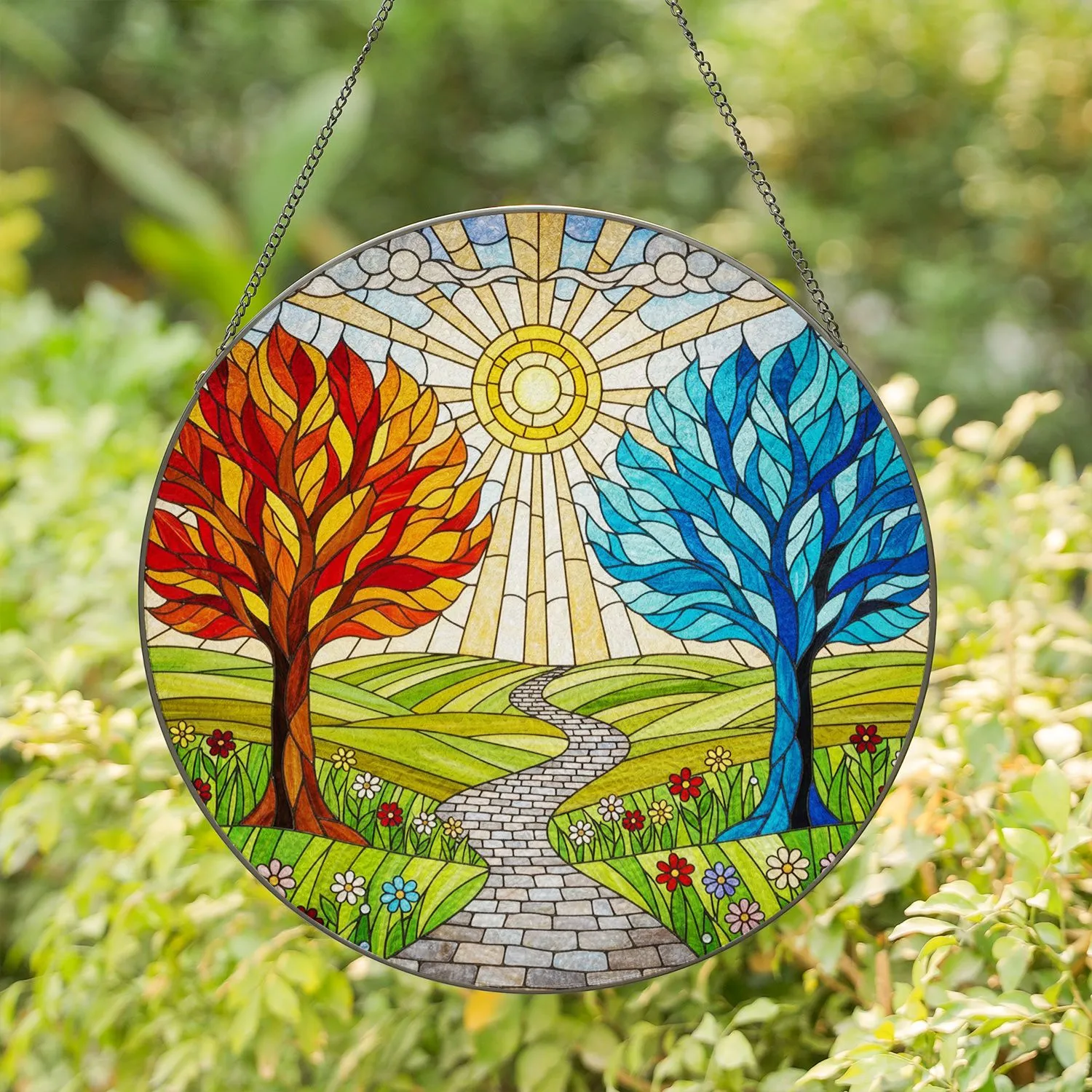 Winding Cobblestone Path Red Blue Trees Radiant Sun Wildflowers Layered Hills Jewel Tones Stained Glass Suncatcher - 1