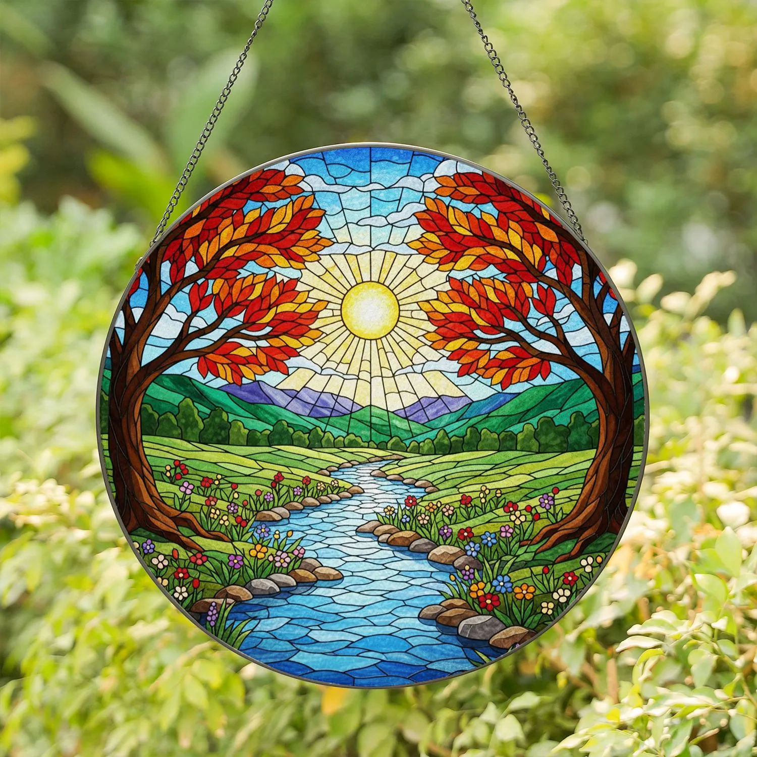 Tiffany Stained Glass River Landscape, Red Orange Trees, Wildflowers, Sun Hills, Full Frame Stained Glass Suncatcher - 1