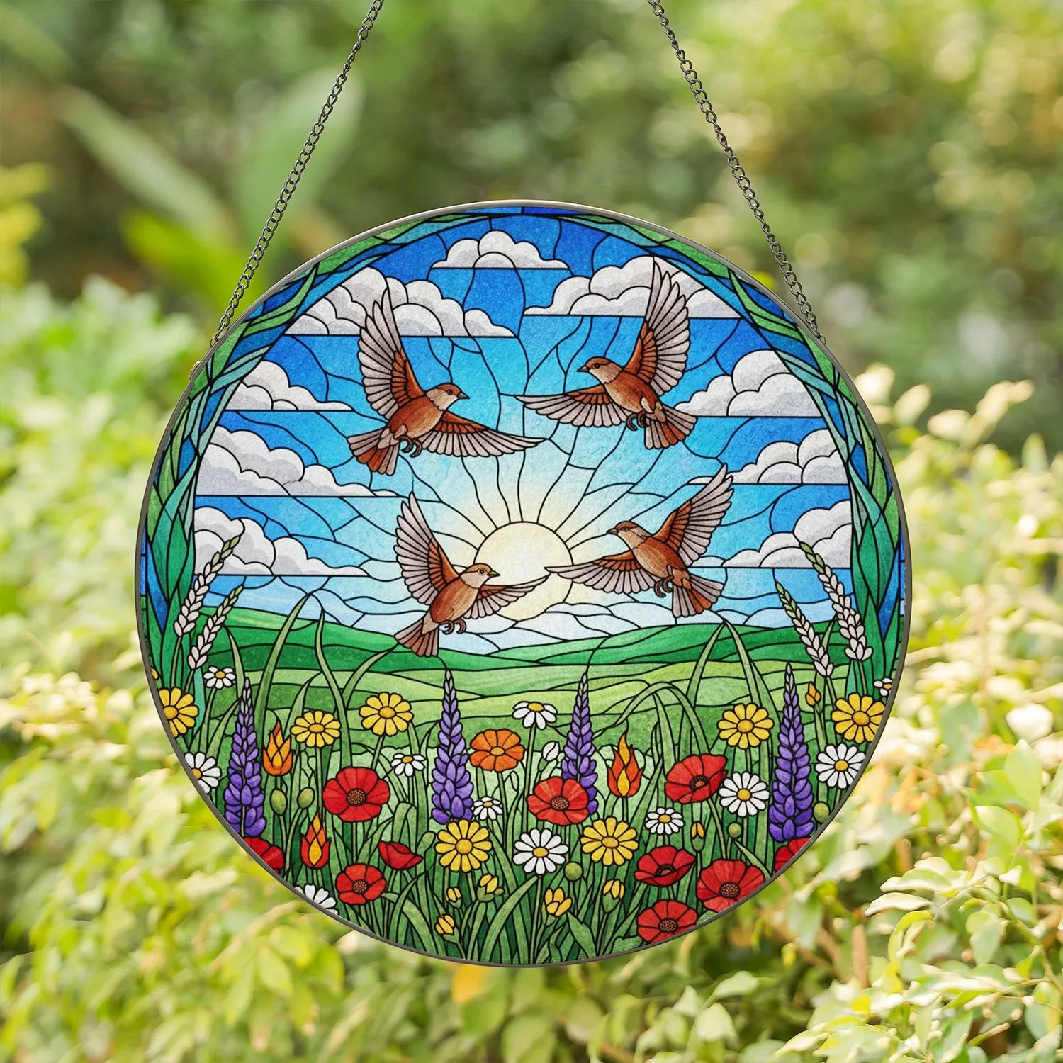 Five Birds Flying Wildflowers Blue Sky Green Hills - Tiffany Stained Glass Art Stained Glass Suncatcher - 1
