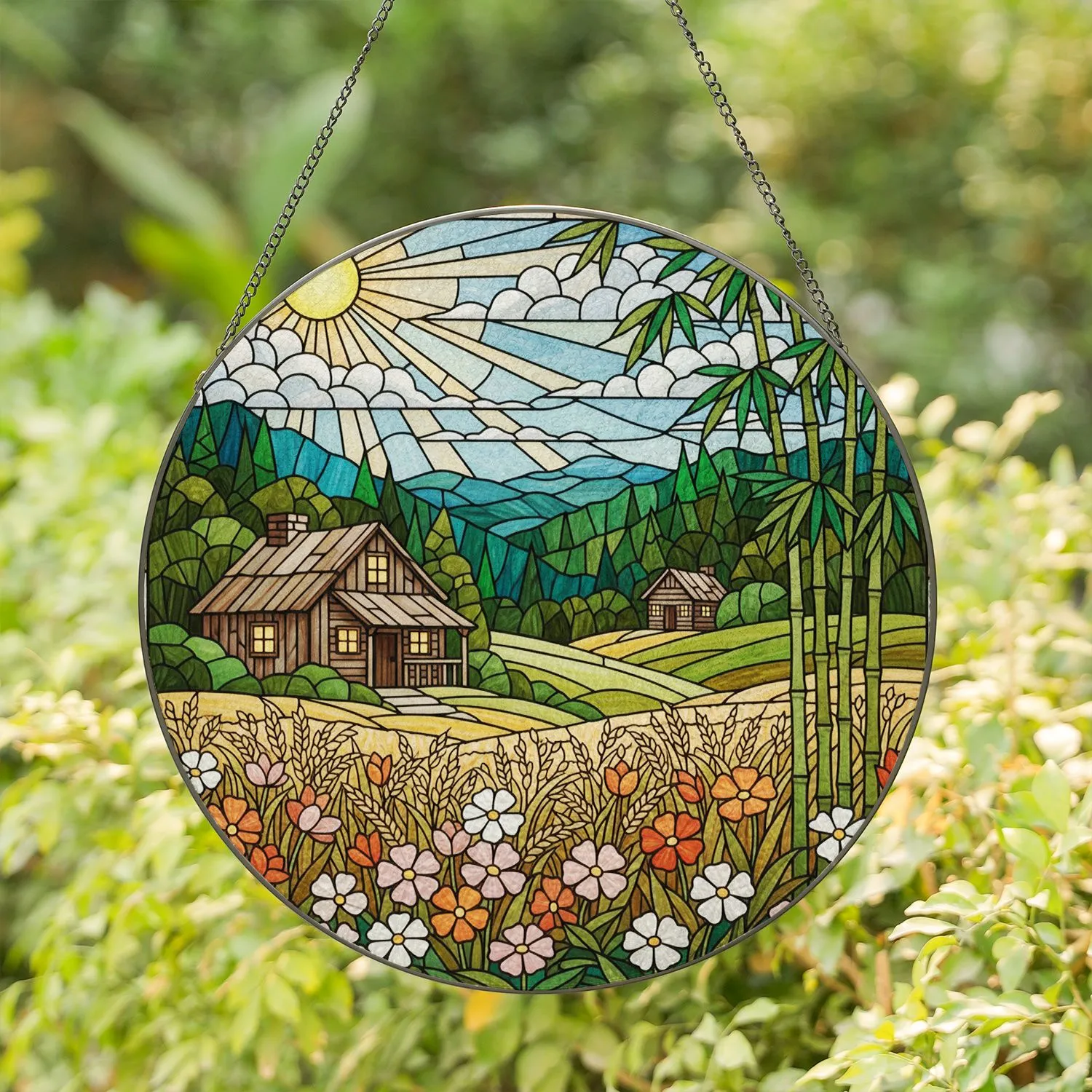 Rustic Cabin Stained Glass Landscape Art - Bamboo Golden Crops Forest Hills Tiffany Style Stained Glass Suncatcher - 1